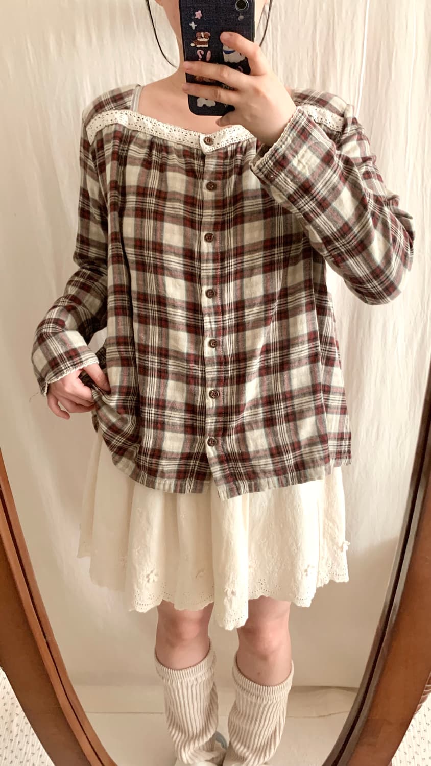 모리 스퀘어 체크 레이스 블라우스 상품이미지6