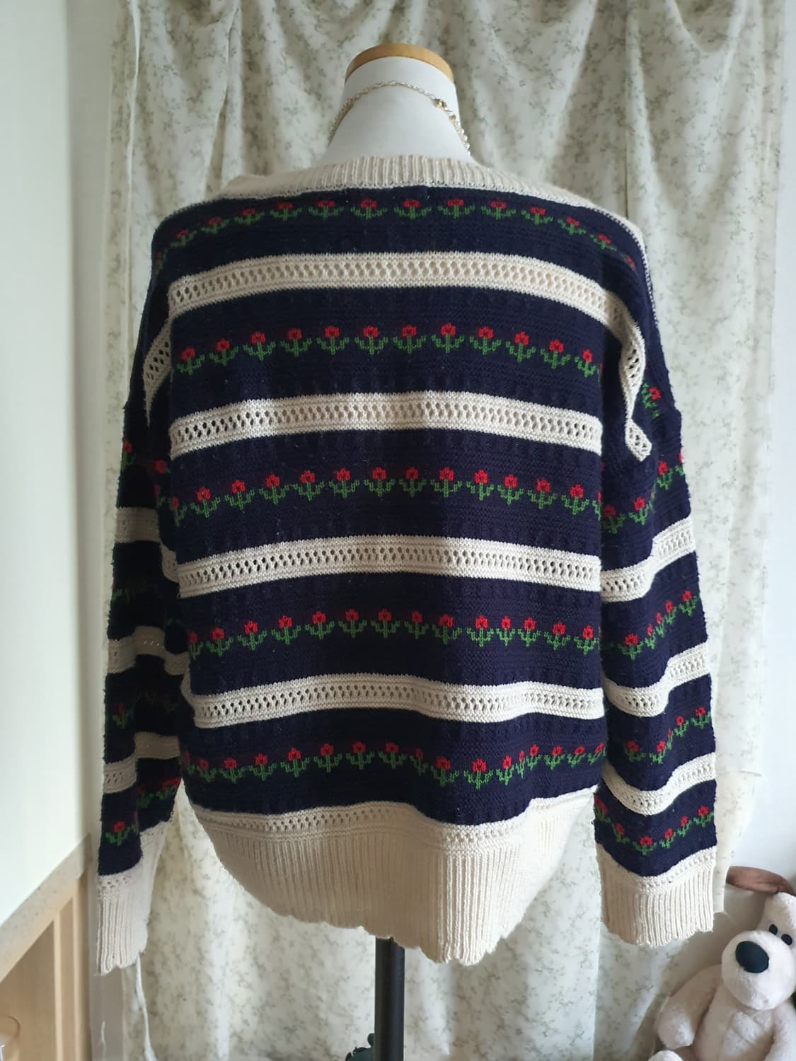 [모리걸] 플라워 패턴 스트라이프 니트 가디건 상품이미지3