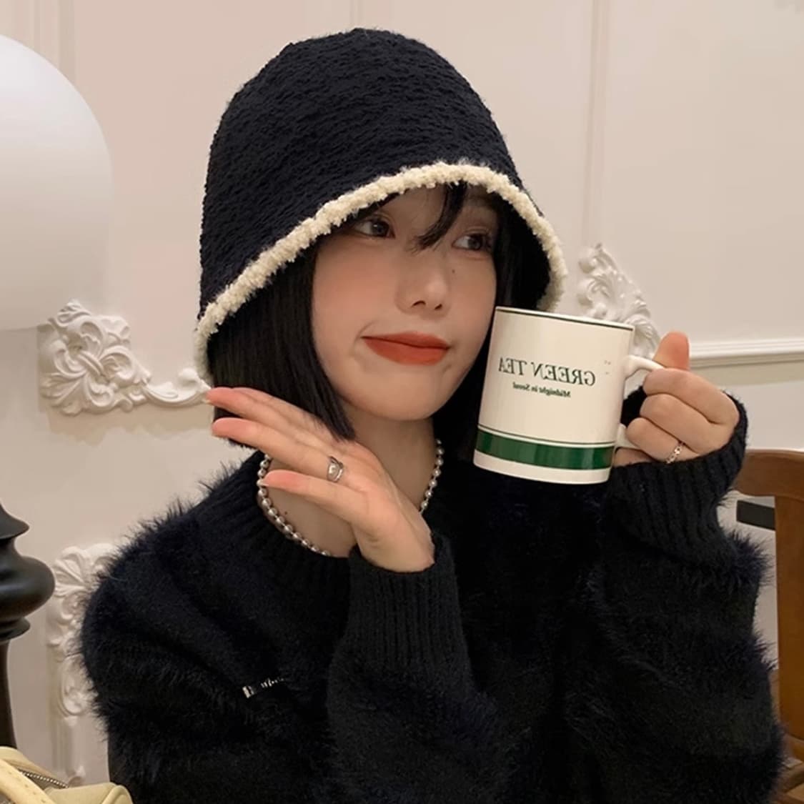 니트 배색 벙거지 버킷햇 블랙 새상품 상품이미지3