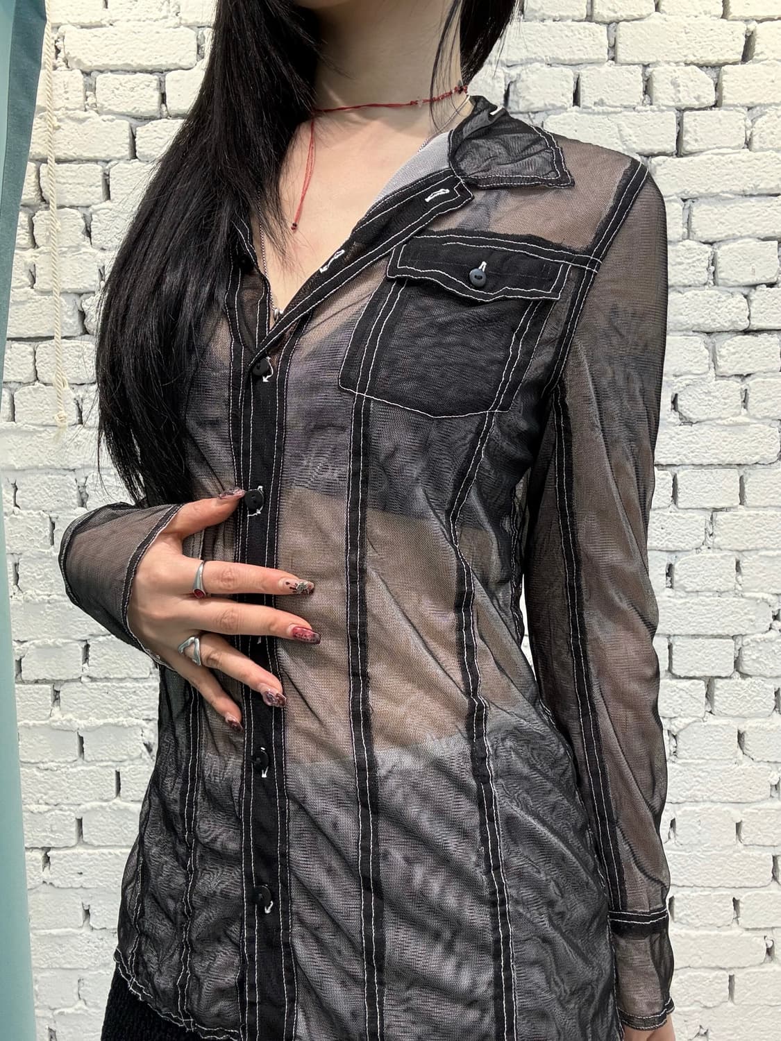 Sheer Stitch Detail Mesh Shirt 상품이미지2