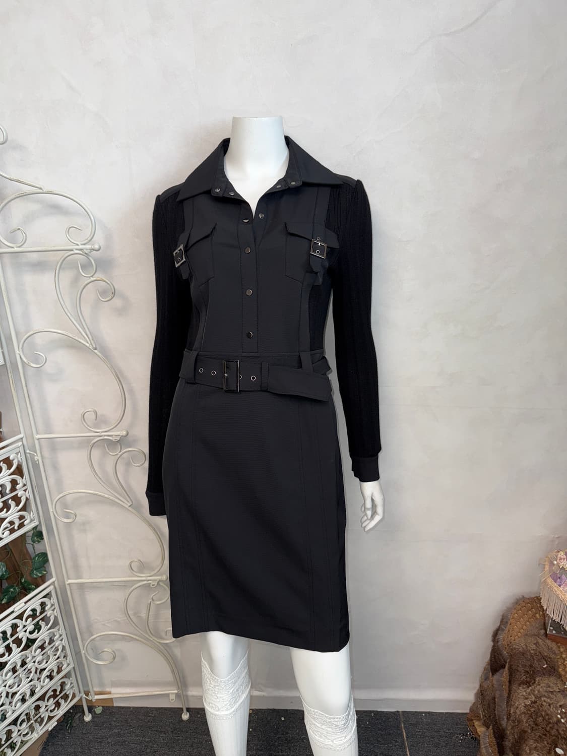 Black belted buckle pocket knit ops 상품이미지4