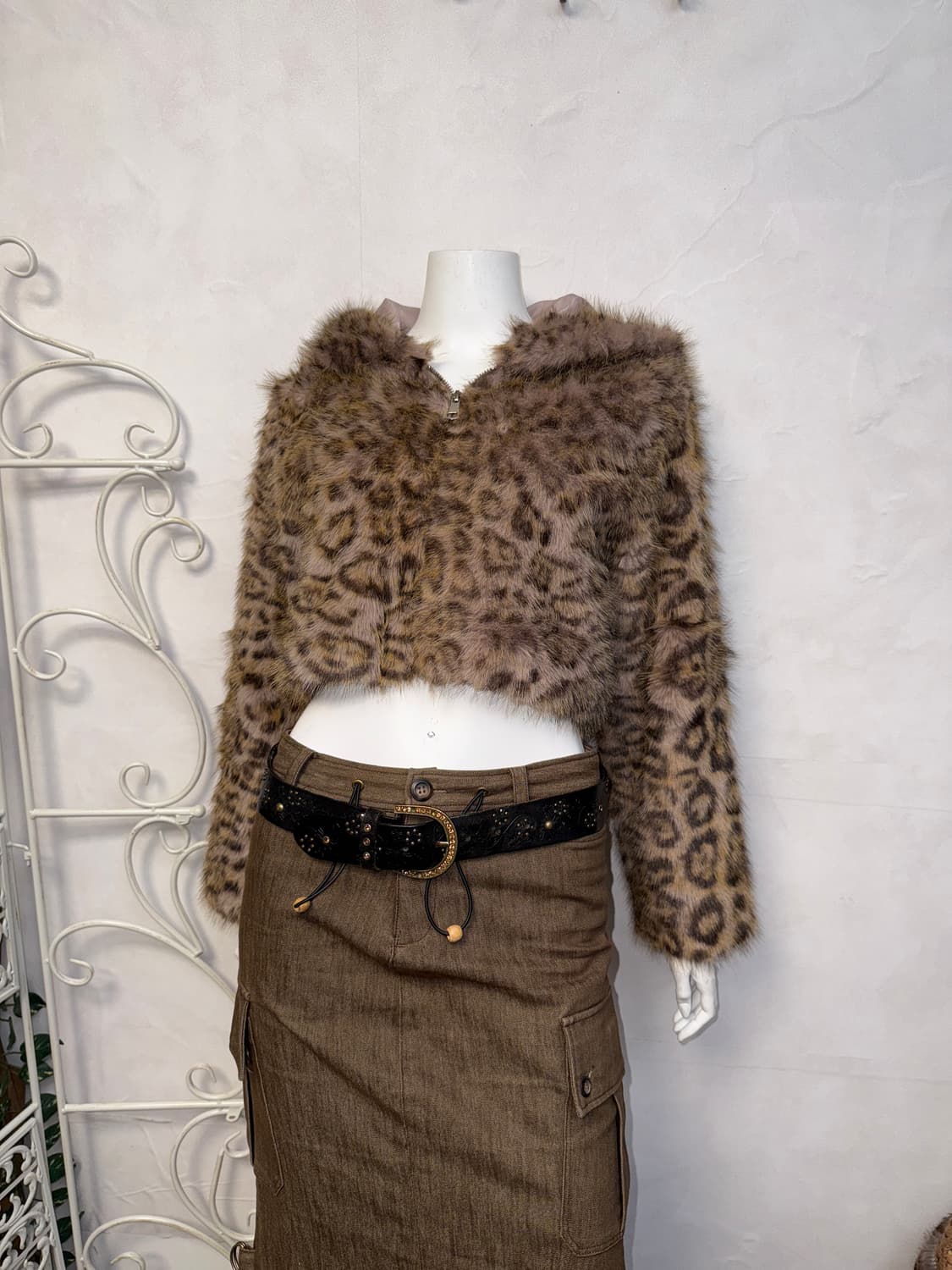 Pink brown leopard fur crop hood zipup 상품이미지4