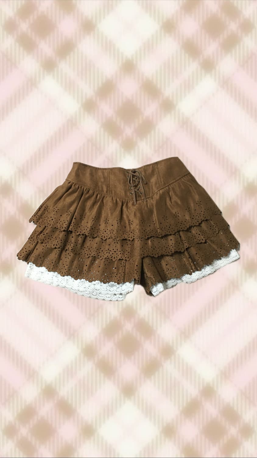 브라운 스웨이드 레이스 캉캉 큐롯 스커트 치마 라떼 히메 갸루 러블리 상품이미지1