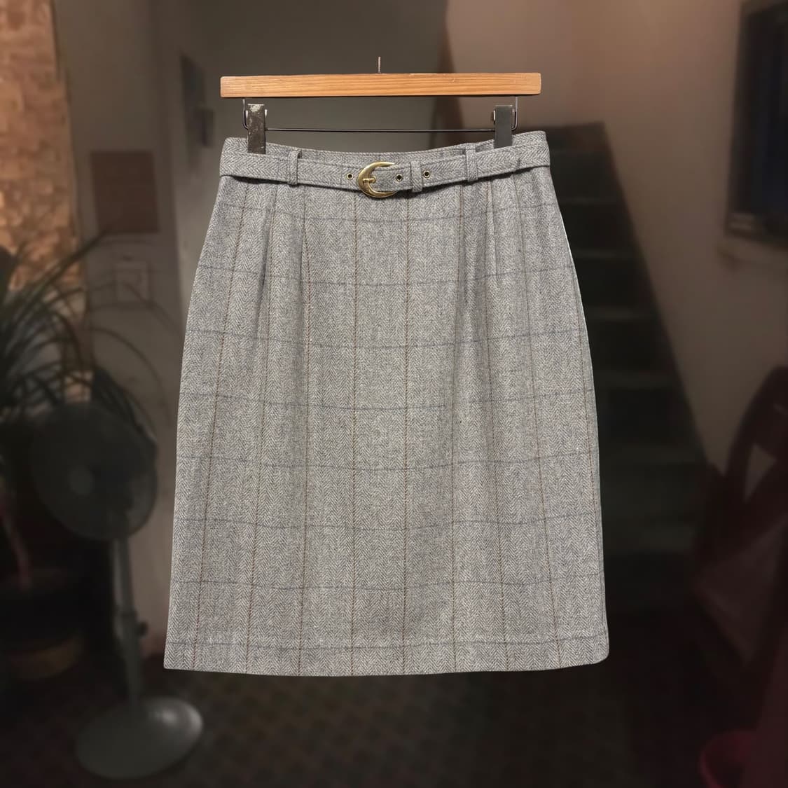일본 빈티지 그레이 체크 벨티드 울 미디 스커트 상품이미지1
