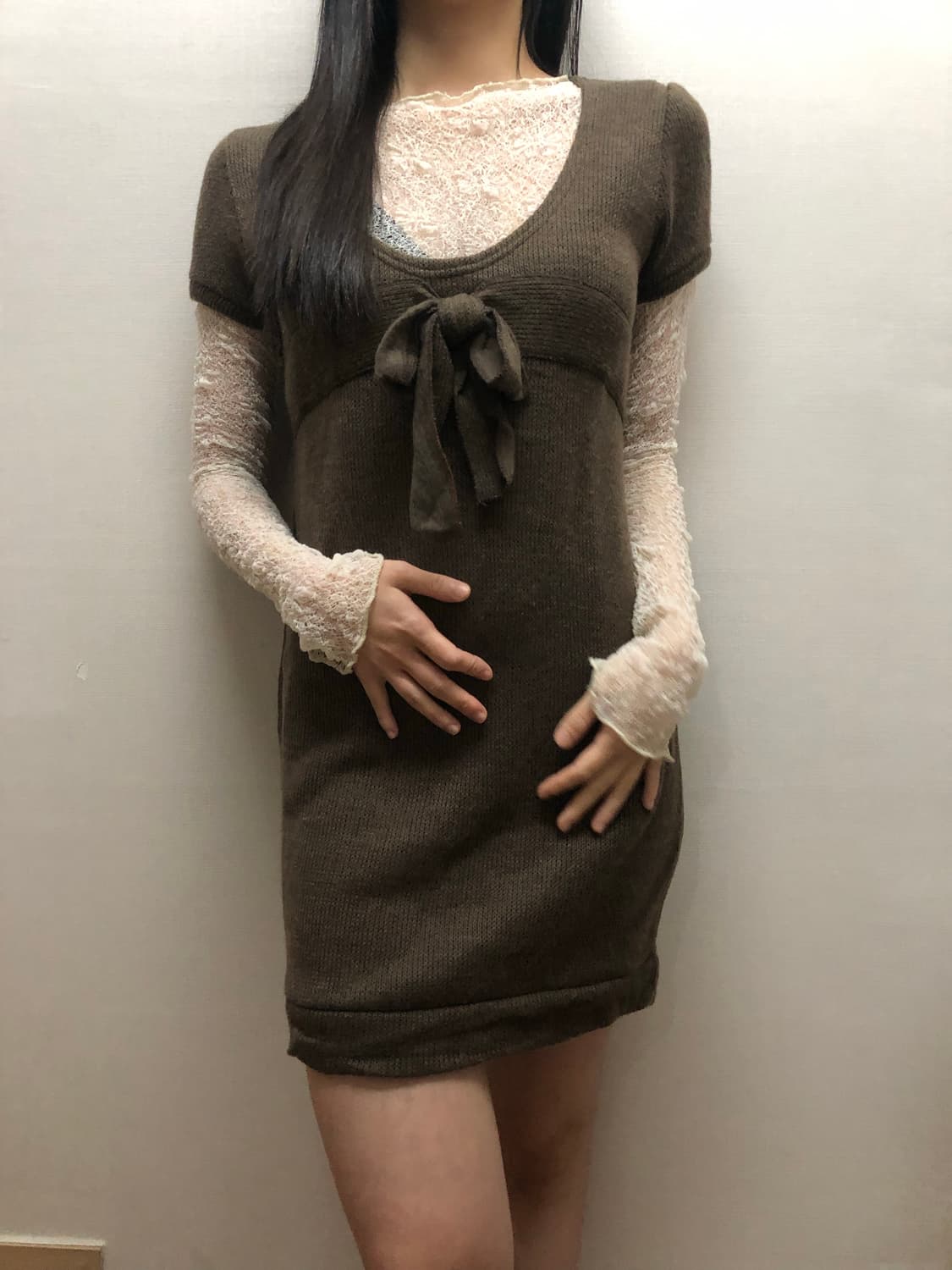 빈티지 브라운 리본 니트 원피스 상품이미지8