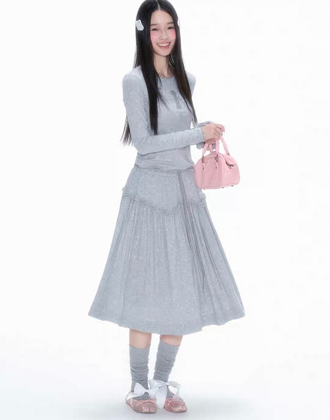 necy studio 중브 테스트메커니즘 그레이  도트 롱스커트 상품이미지1