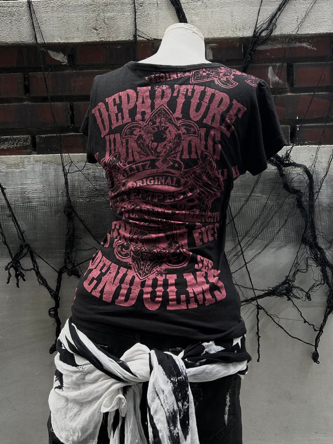 *rare design* 00s JPN 펑크 레드 스컬 풀 프린팅 티셔츠 상품이미지1