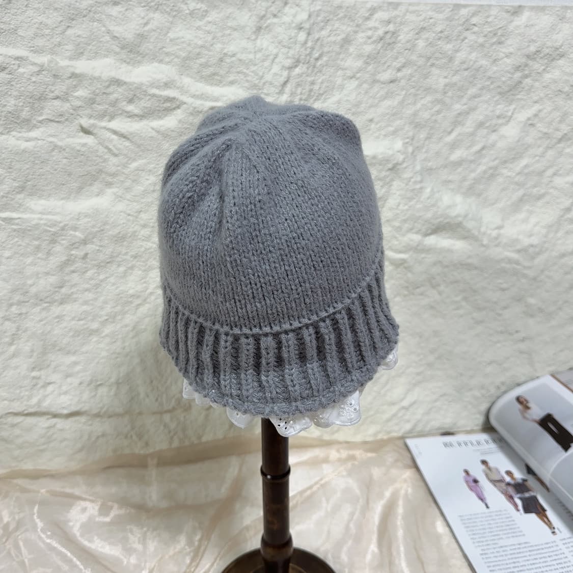 빈티지 그레이 토끼털 니트 레이스모자 버킷햇 상품이미지3