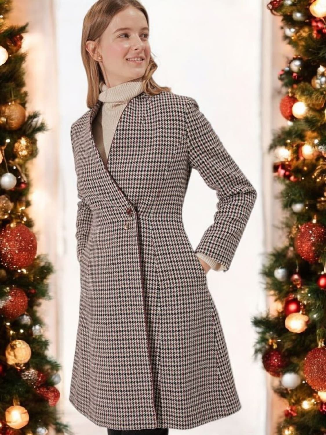 질스튜어트뉴욕 울혼방 하운드투스 체크 여성 롱코트 88 M/상태좋음 상품이미지2