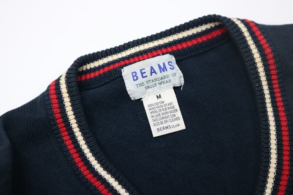 BEAMS 빔즈 빈티지 트리콜로 라인 브이넥 코튼 니트 (M) 상품이미지5