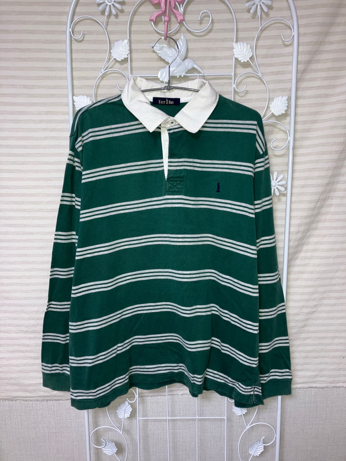 빈티지 그린 스트라이프 카라 티셔츠 y2k 스트릿 갸루 펑키 일본빈티지 상품이미지1