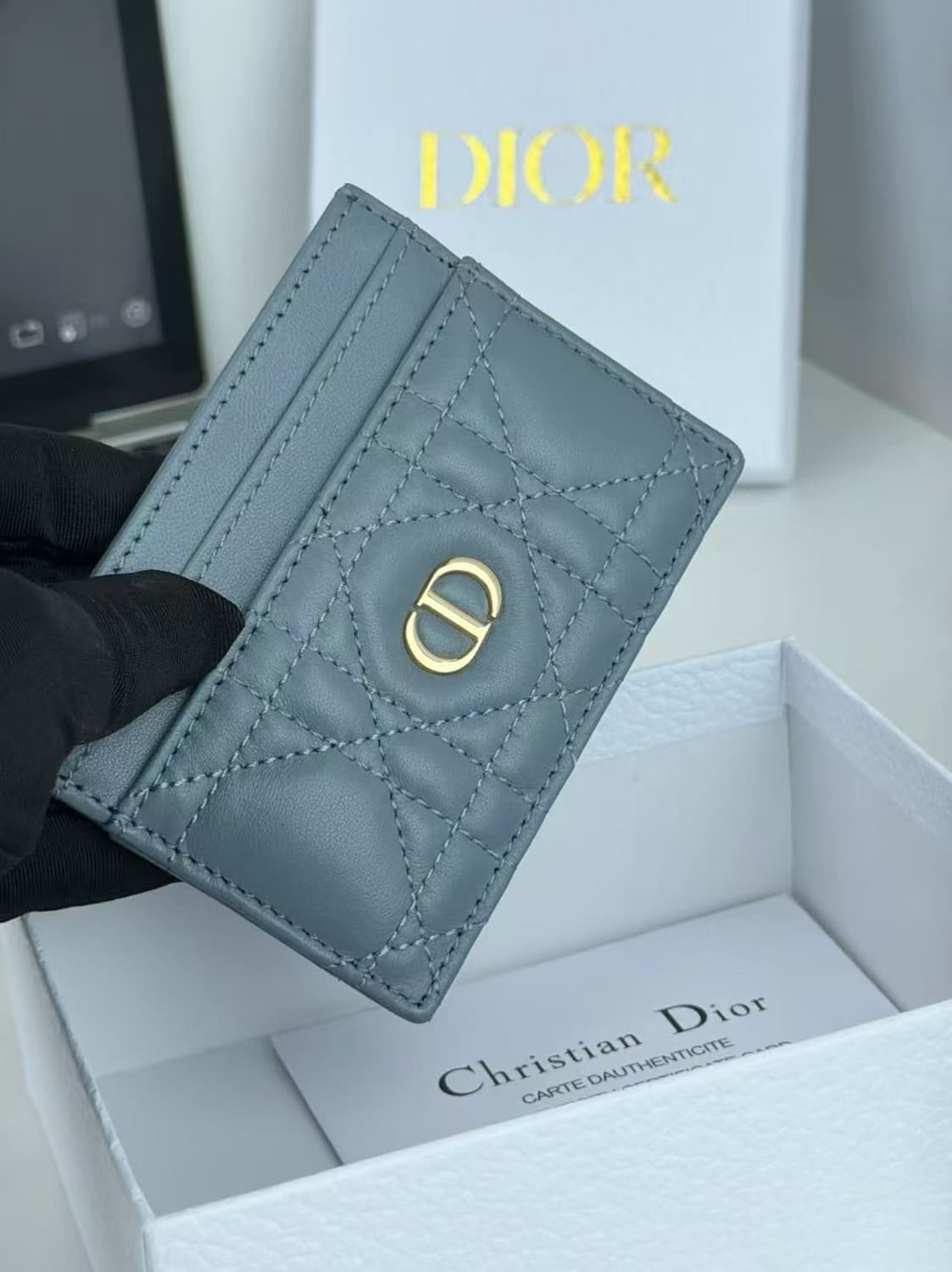 디올 카로 5 슬롯 카드 홀더 서플 까나쥬 카프스킨 클라우드 블루 상품이미지4
