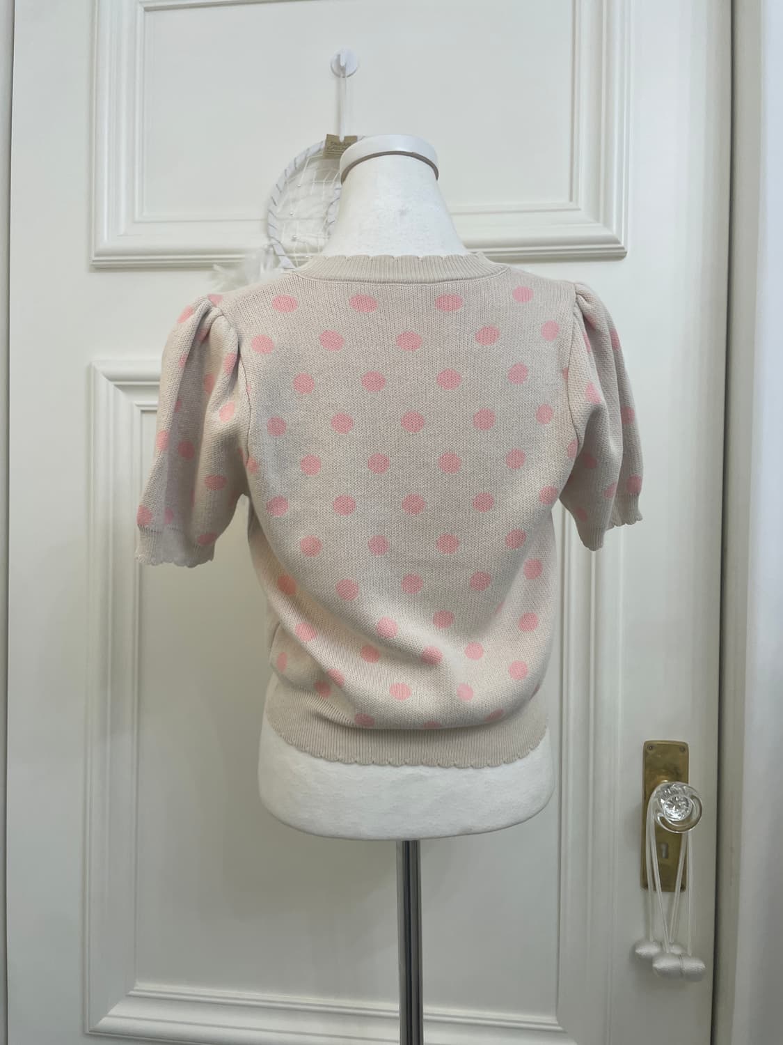 cream beige pink dot puff crop cardigan 상품이미지3