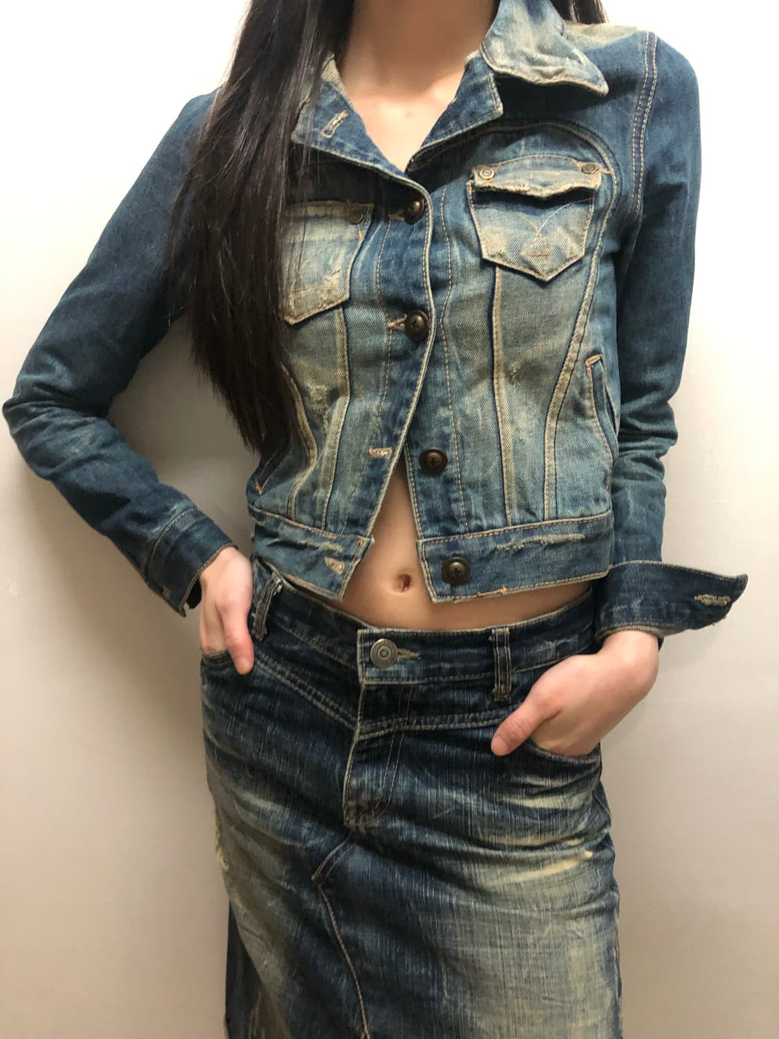 빈티지 데님 옐로우 워싱 크롭 자켓 상품이미지1