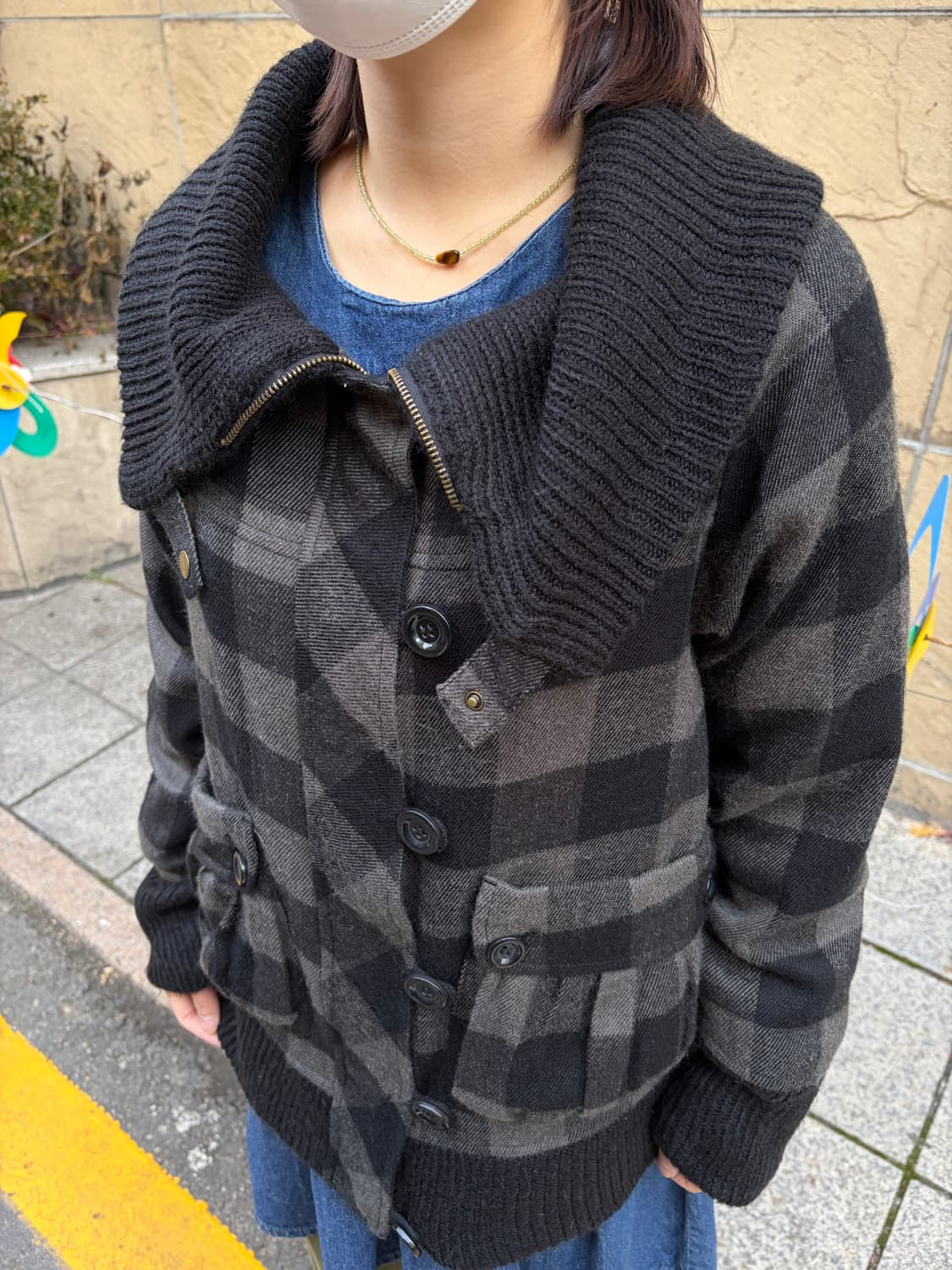 일본 빈티지 락펑크 빅카라 하이넥 체크 자켓 상품이미지3