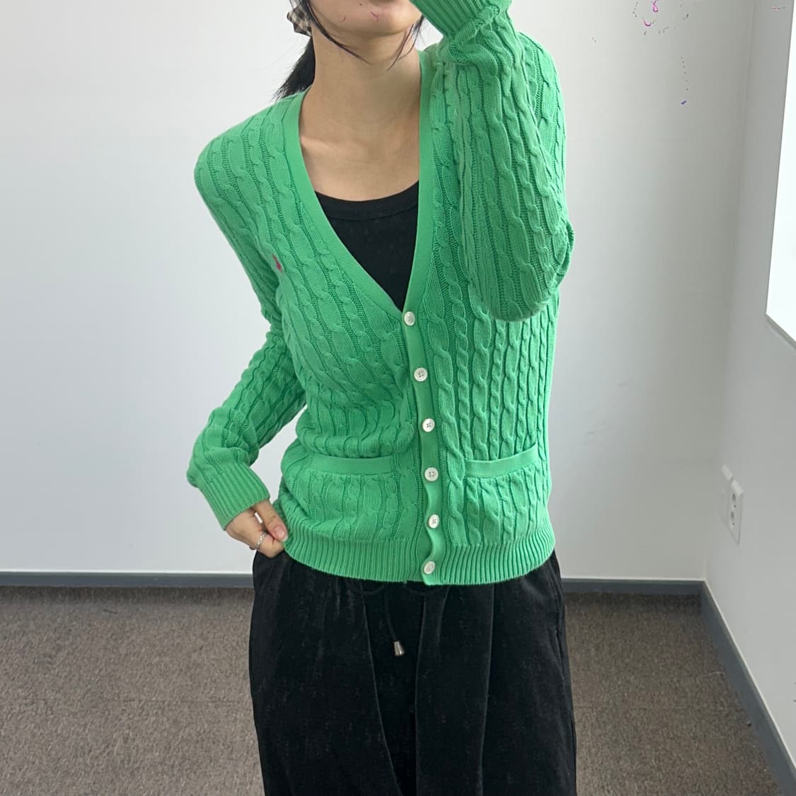 Polo 폴로 핑크포니 그린 케이블 니트 가디건 상품이미지1