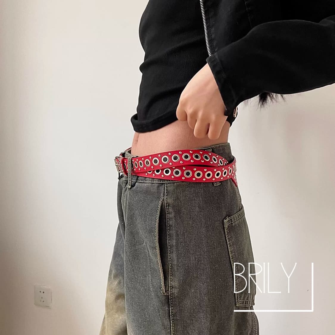 [Unisex] ANDY 아일렛 티니 스터드 가죽 벨트 화이트 상품이미지2