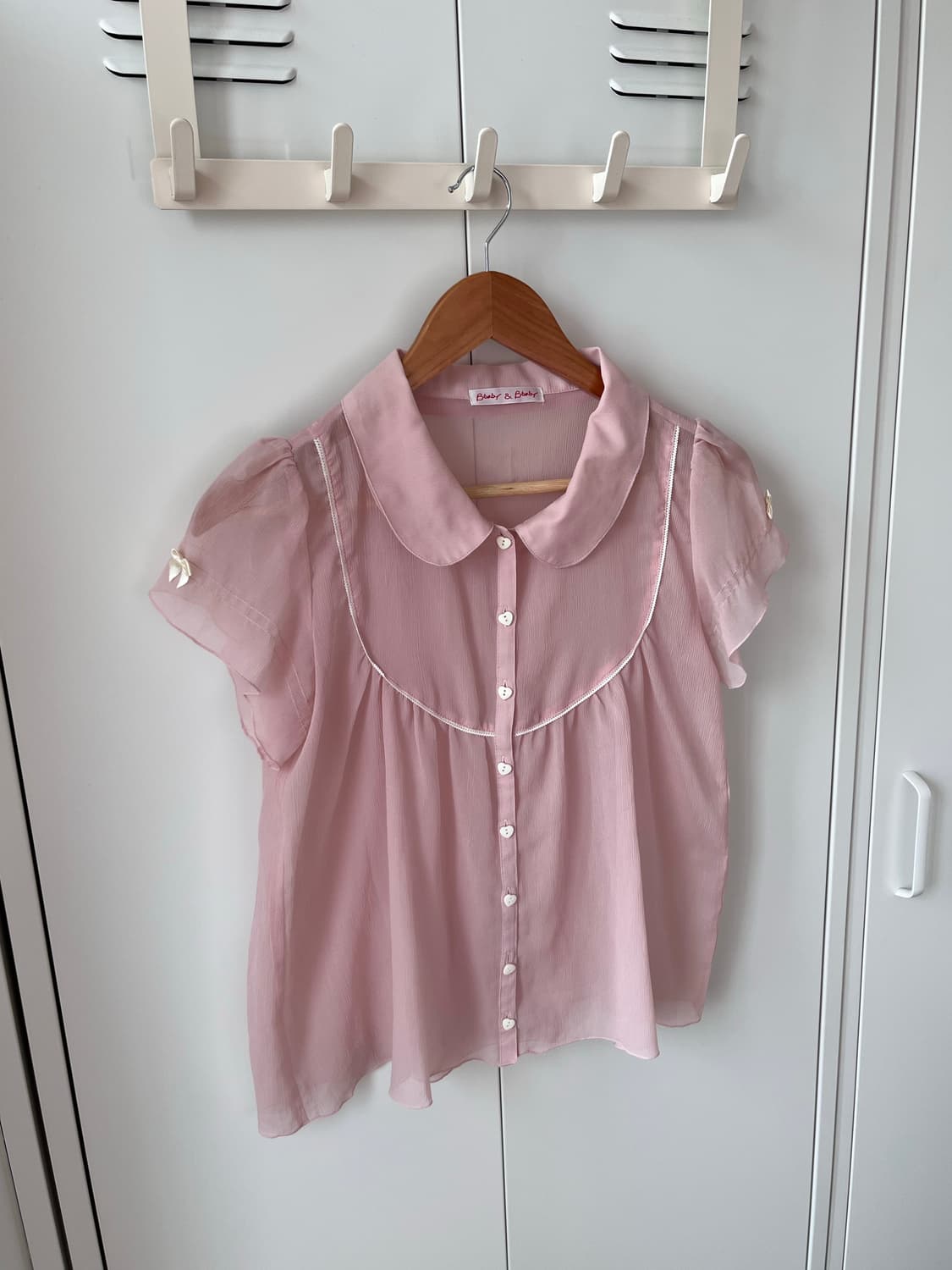 Vintage 하트 리본 연분홍 로걀 반팔 블라우스 상품이미지2