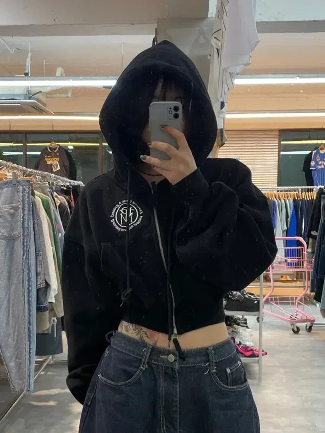 프리 우먼 파르티멘토 여자 크롭 블랙 후드집업티셔츠 상품이미지1