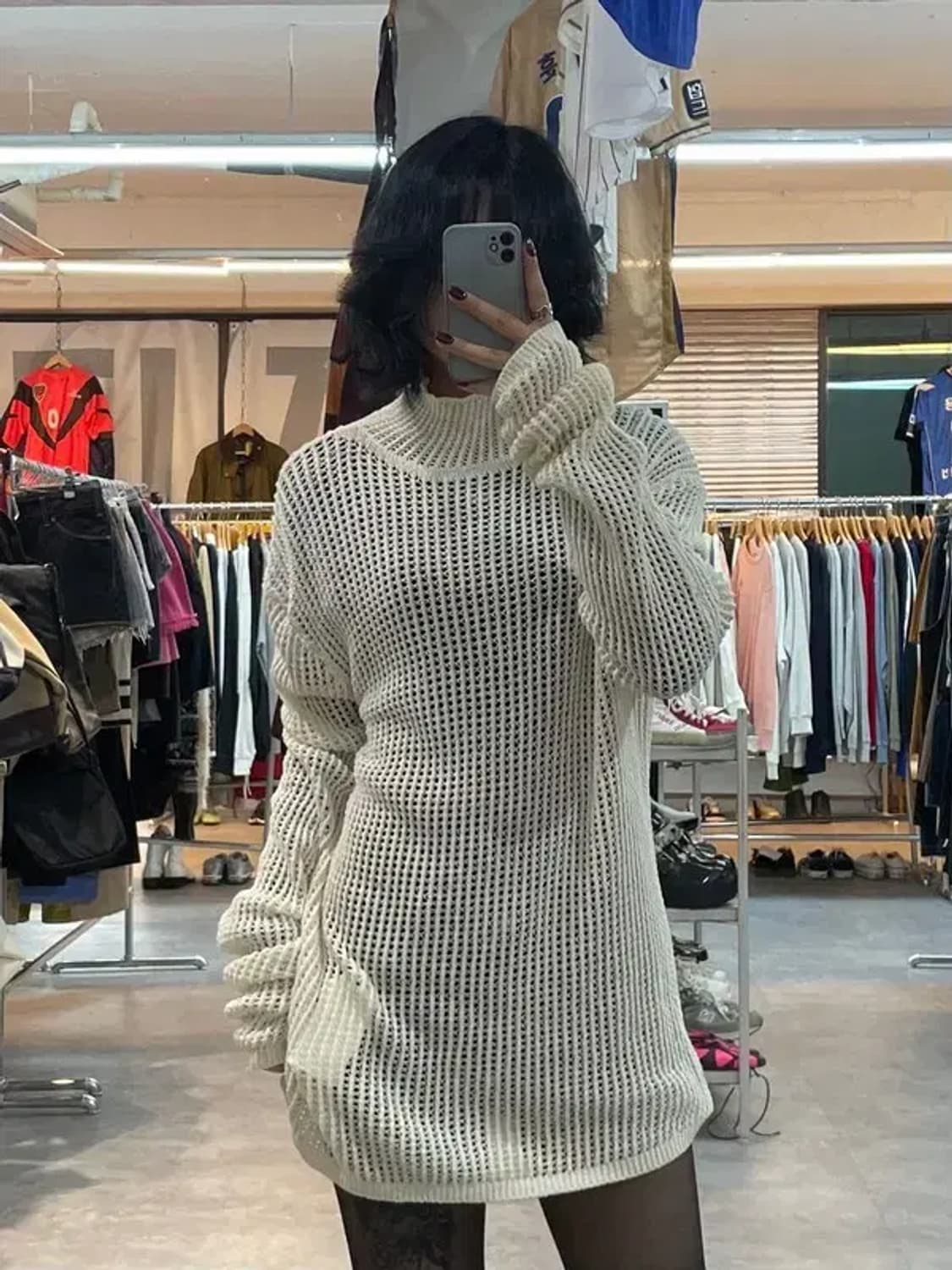 스몰 나누시카 하이넥 롱 니트 원피스 그물 니트 상품이미지1