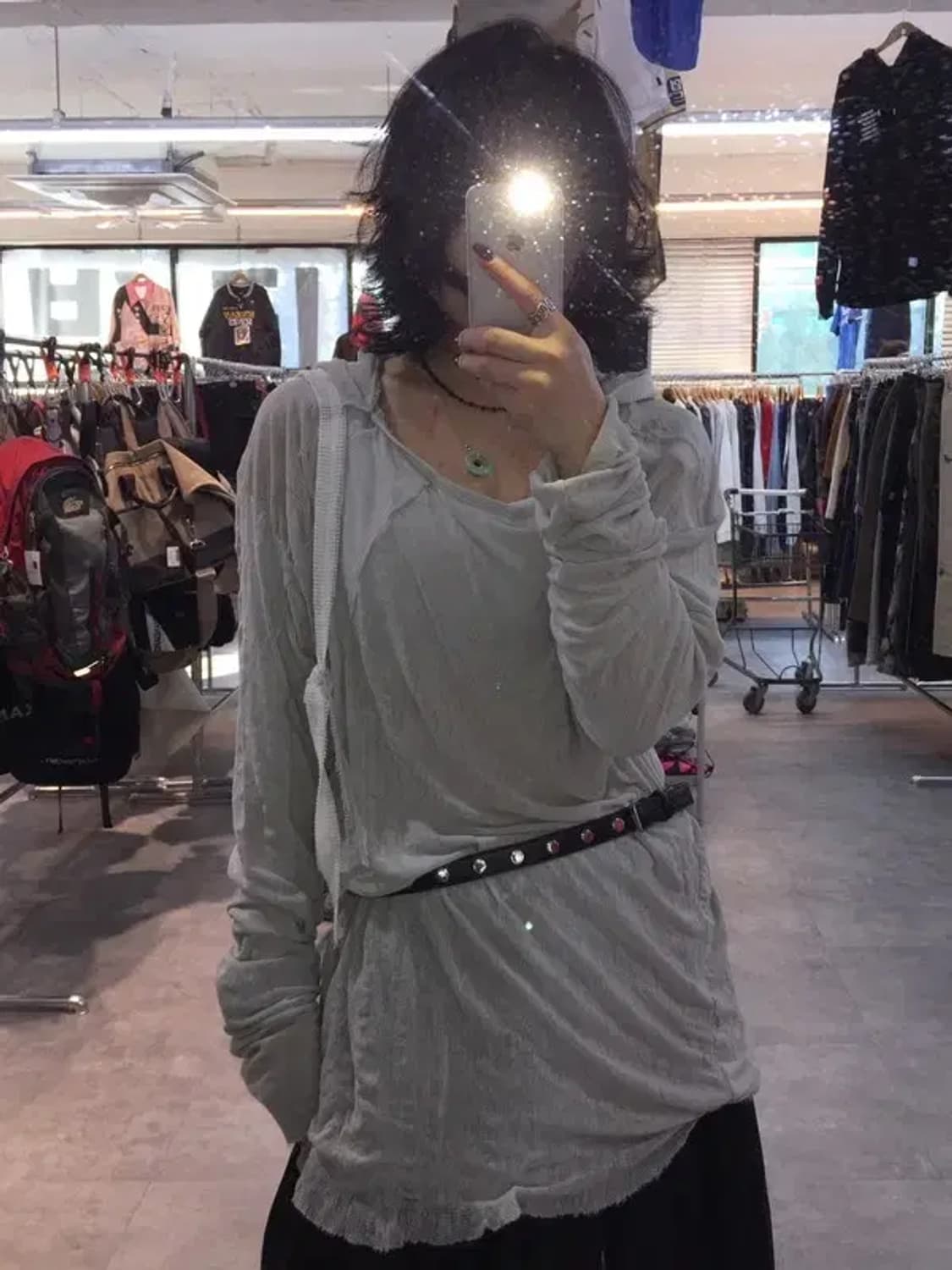 라지 에이시넥틱스 오버핏 후드 시스루 롱슬리브 그레이 상품이미지1