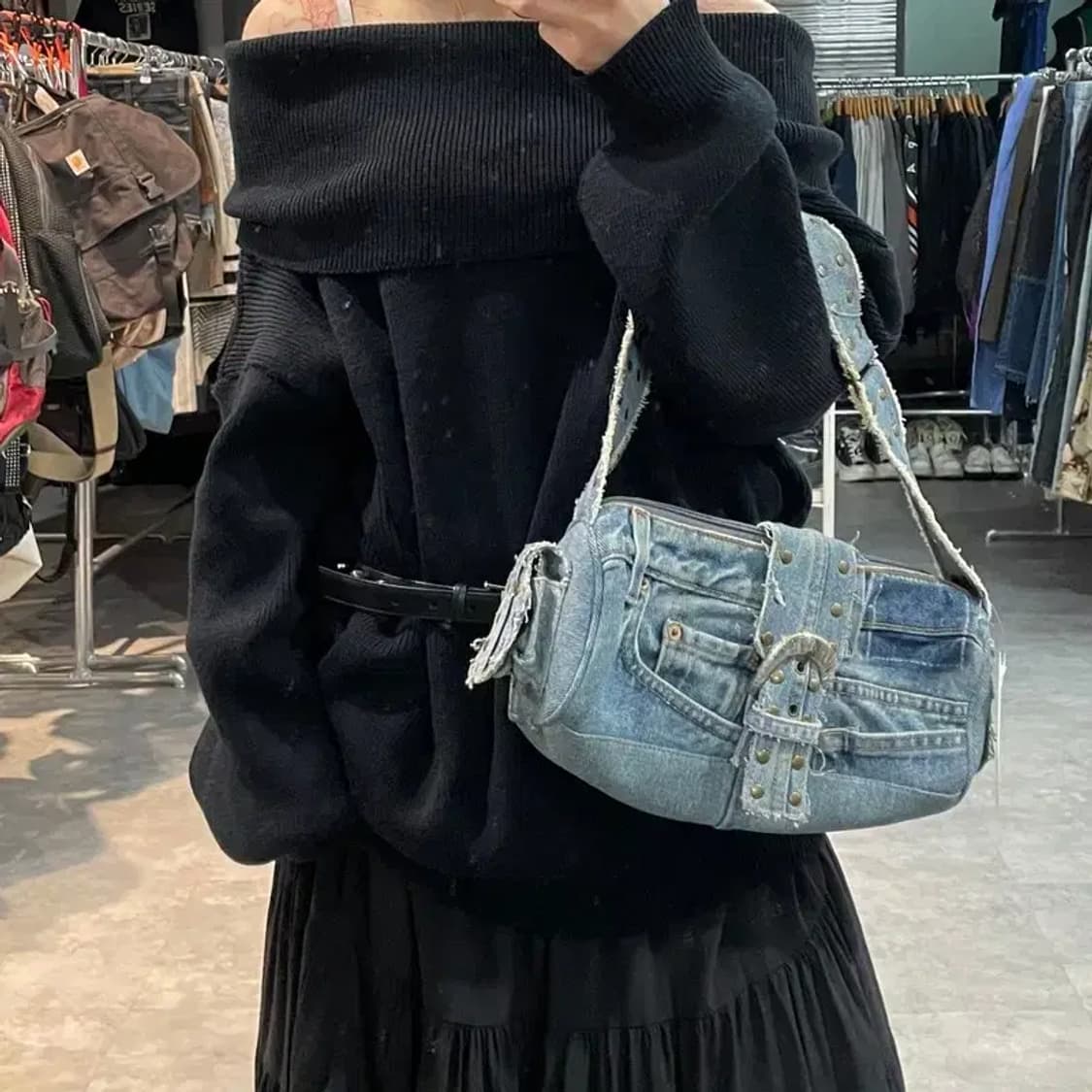 프리 미사용 빈티지 워싱 데님 여자 숄더백 상품이미지1