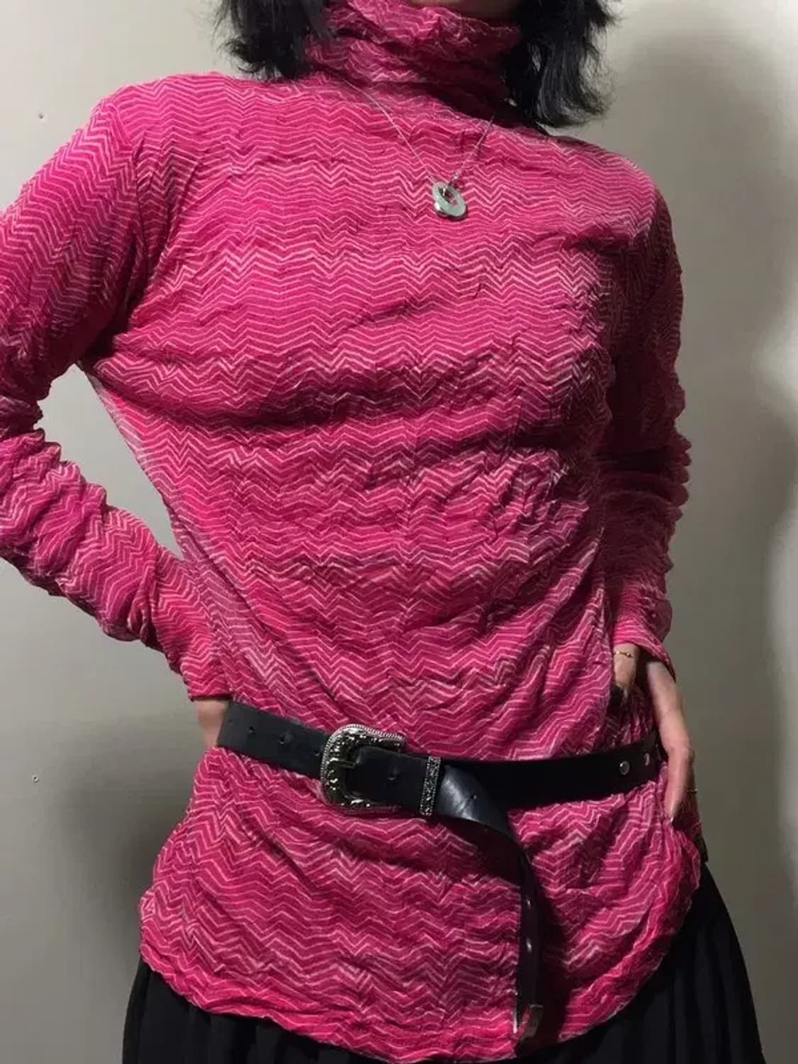 프리 여자 메쉬 터틀넥 긴팔 티셔츠 핑크 상품이미지1