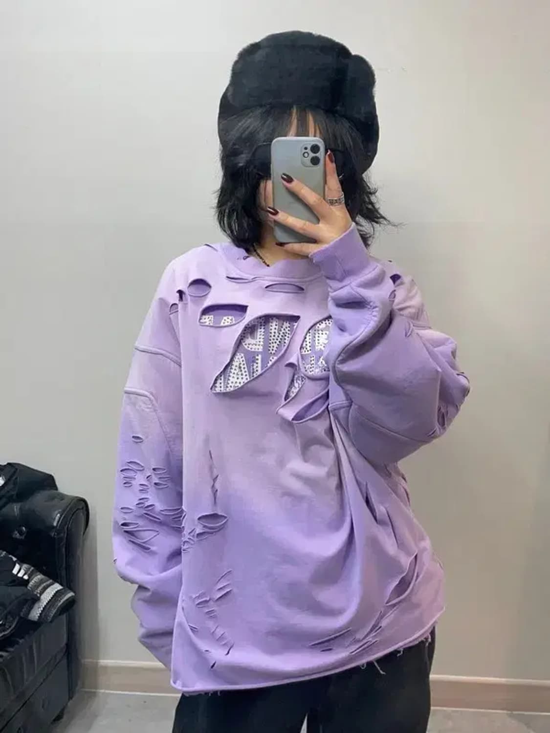 프리 스모크라이즈 새상품 데미지 맨투맨티셔츠 오버핏 상품이미지1