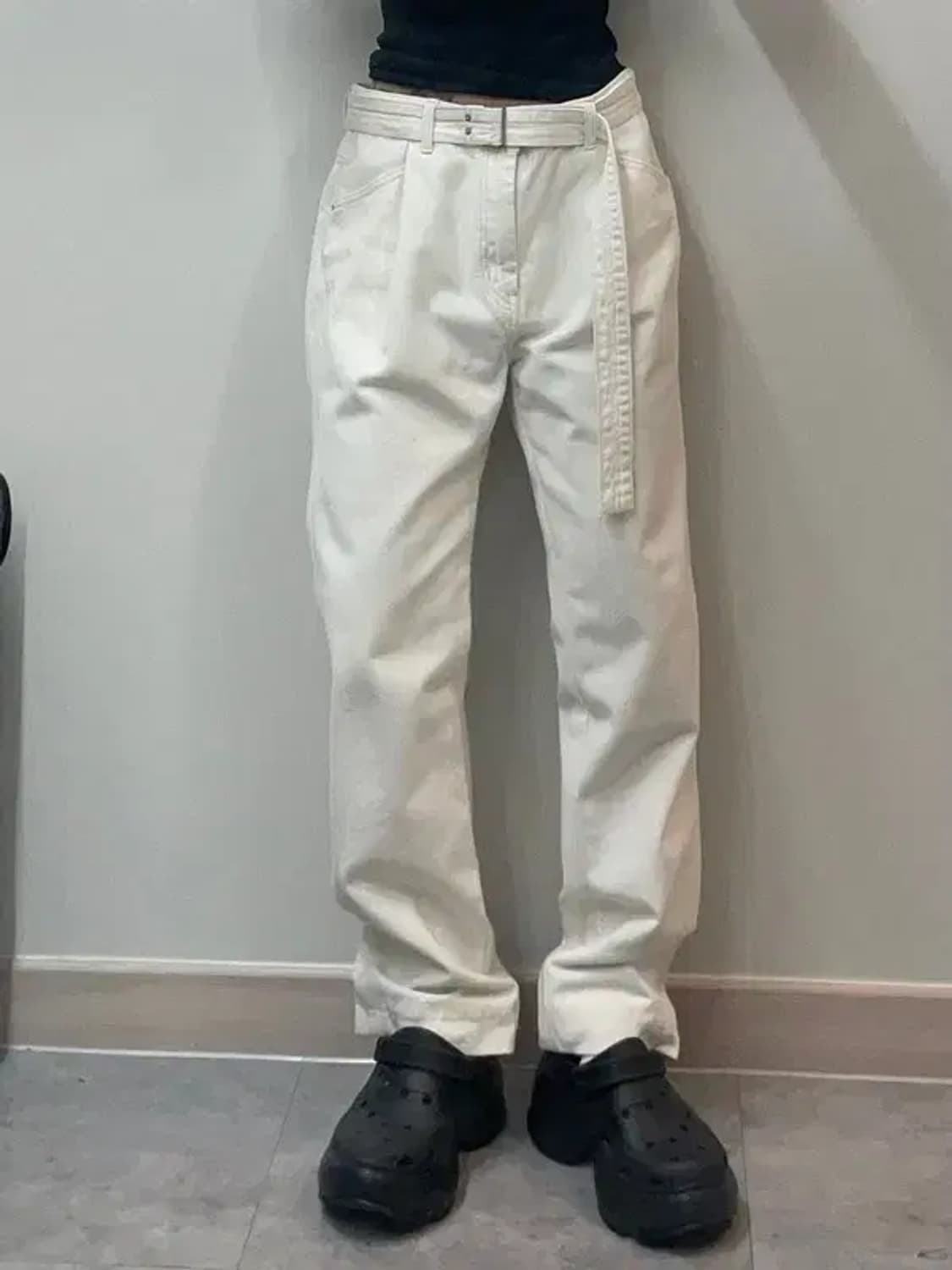 라지 세터 와이드 벨티드 팬츠 크림 상품이미지1