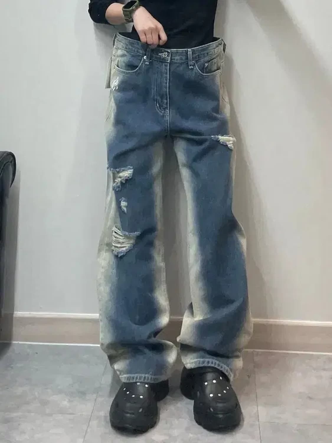 라지 슈퍼서브 브로큰 워싱 데님 팬츠 다크 블루 상품이미지1