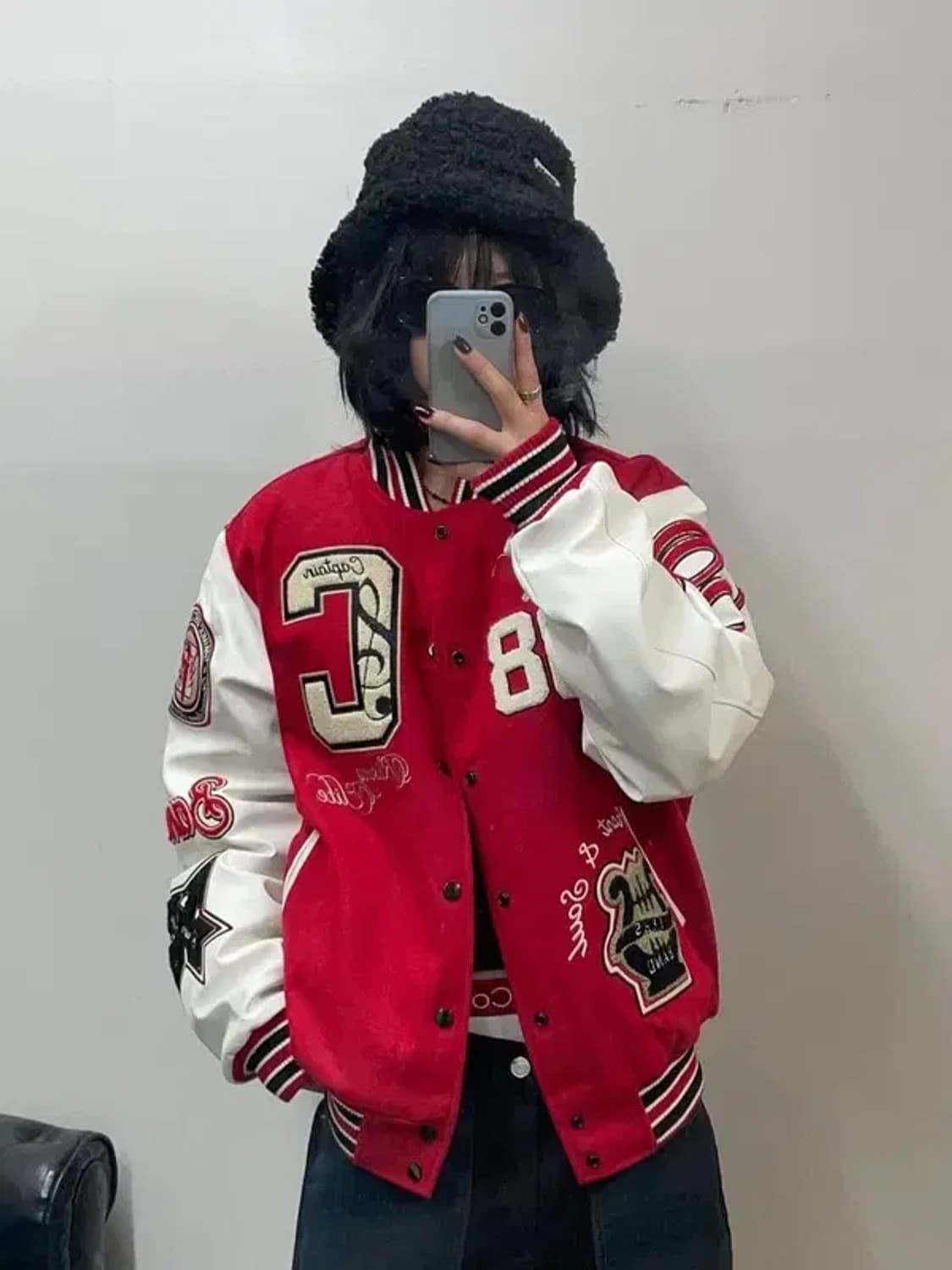 미디움 스모크라이즈 오버핏 레더 바시티 자켓 상품이미지1