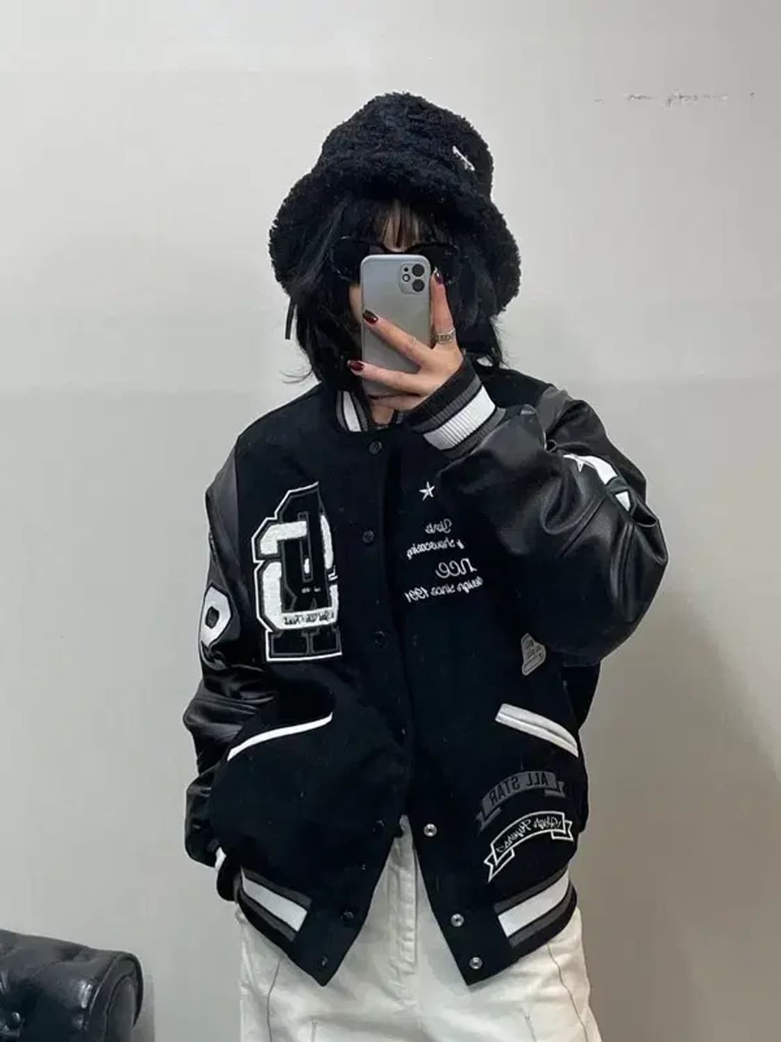 미디움 미사용 스모크라이즈 레더 바시티 자켓 점퍼 블랙 상품이미지1