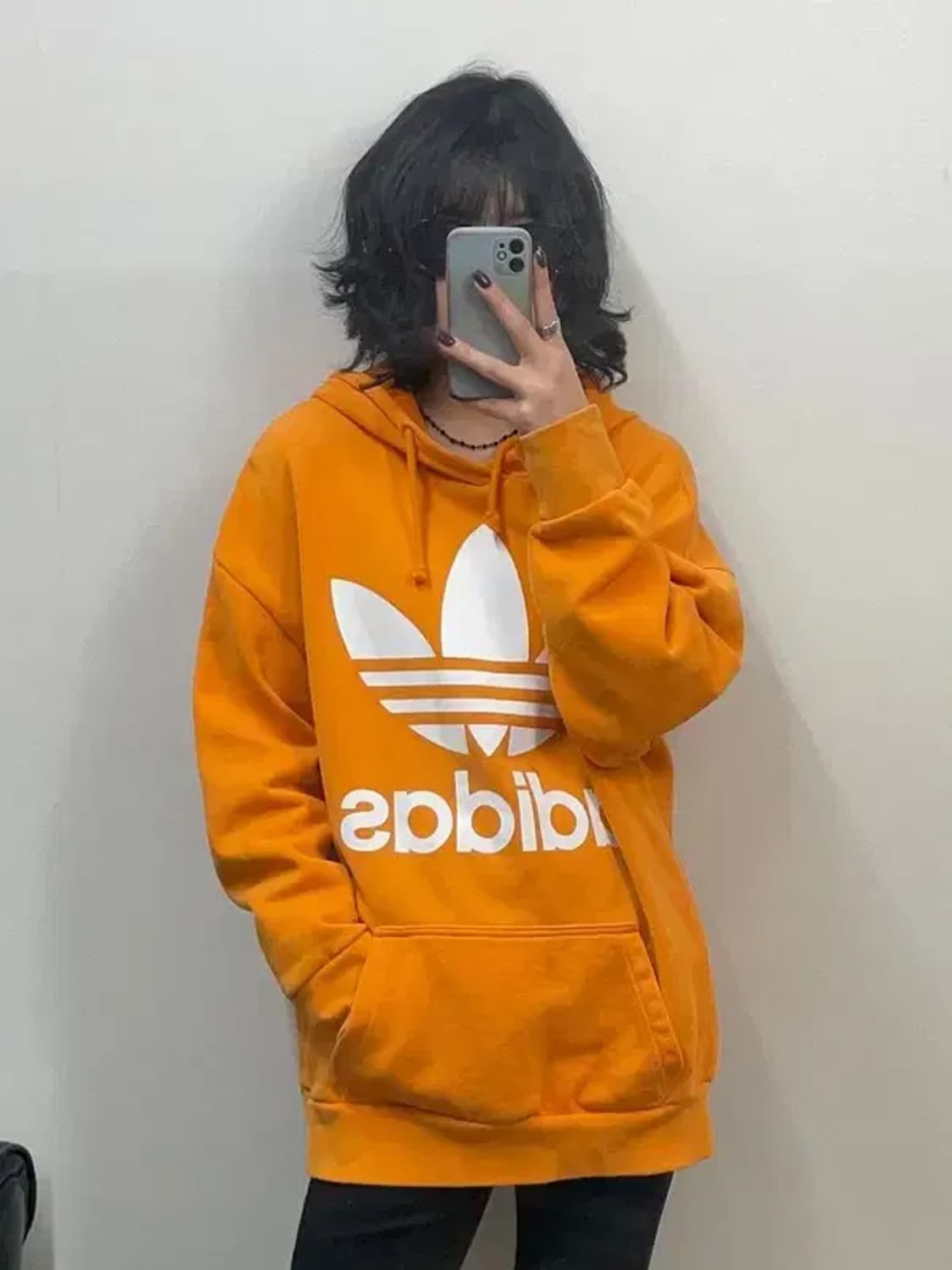라지 아디다스 파이어버드 트레포일 빅로고 후드 오렌지 상품이미지1