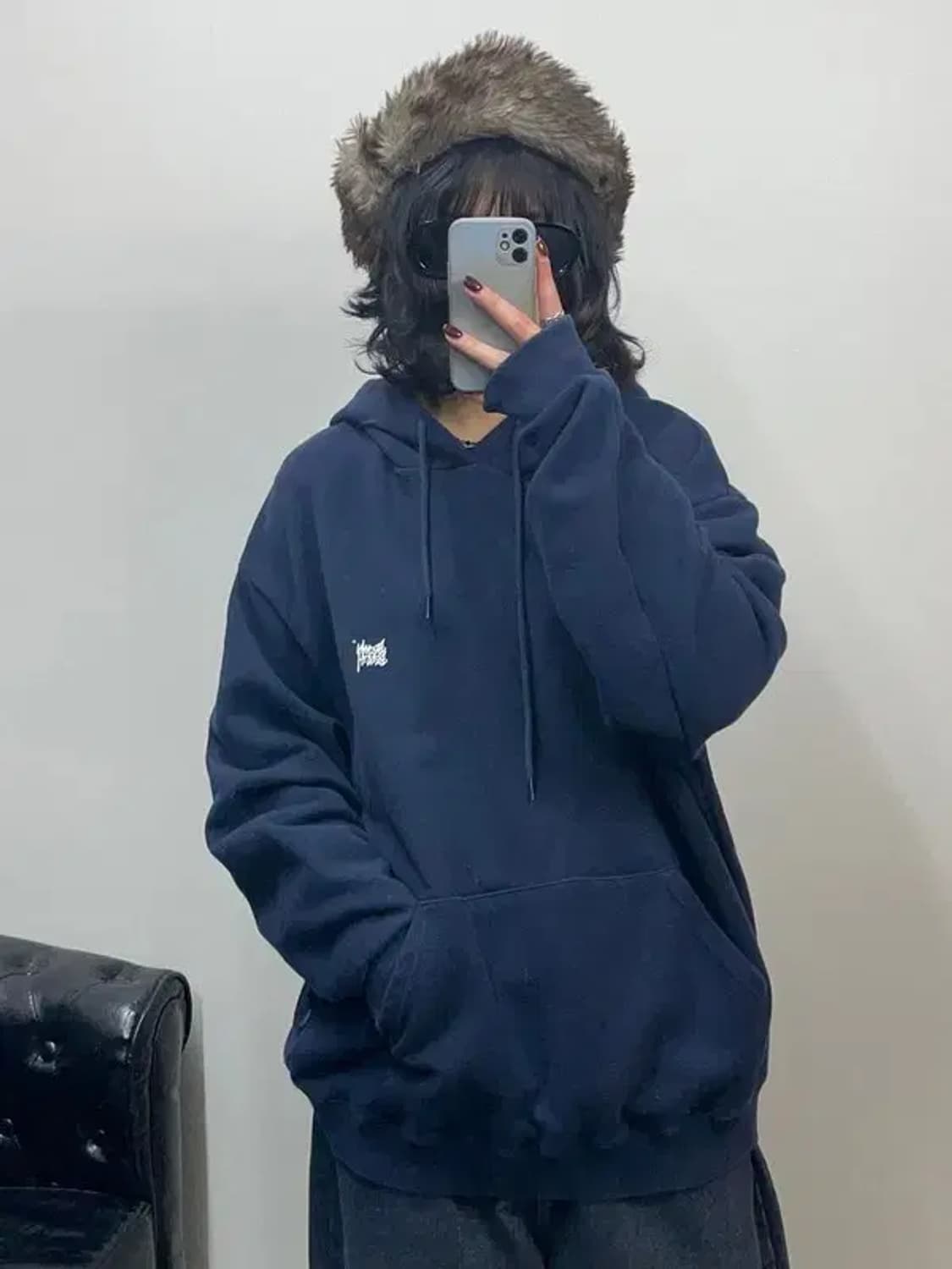 라지 브라운브레스 오버핏 뒷판로고 네이비 후드티셔츠 후디 상품이미지1