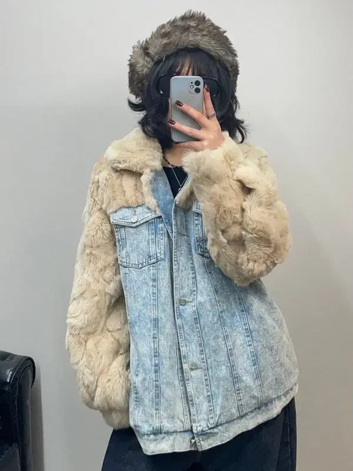 프리 by flow 바이플로우 오버핏 퍼 데님 청자켓 상품이미지1