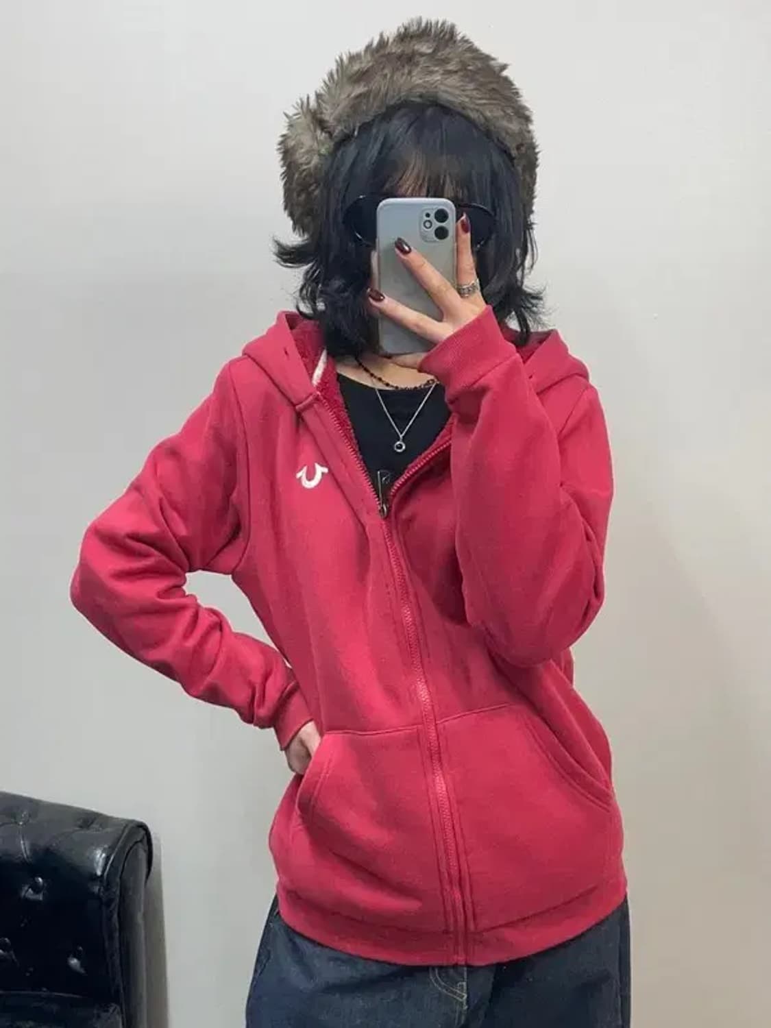 100 트루릴리전 여자 오버핏 올드스쿨 후드집업 티셔츠 레드 상품이미지1