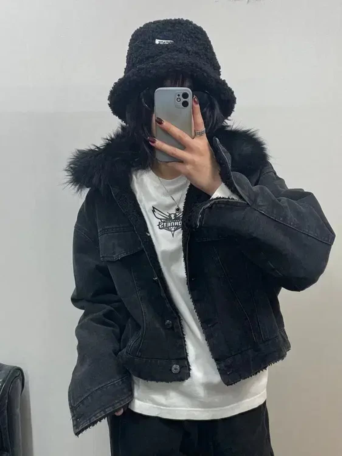 3사이즈 jpn 퍼 데님 크롭 겨울용 자켓 블랙 상품이미지1