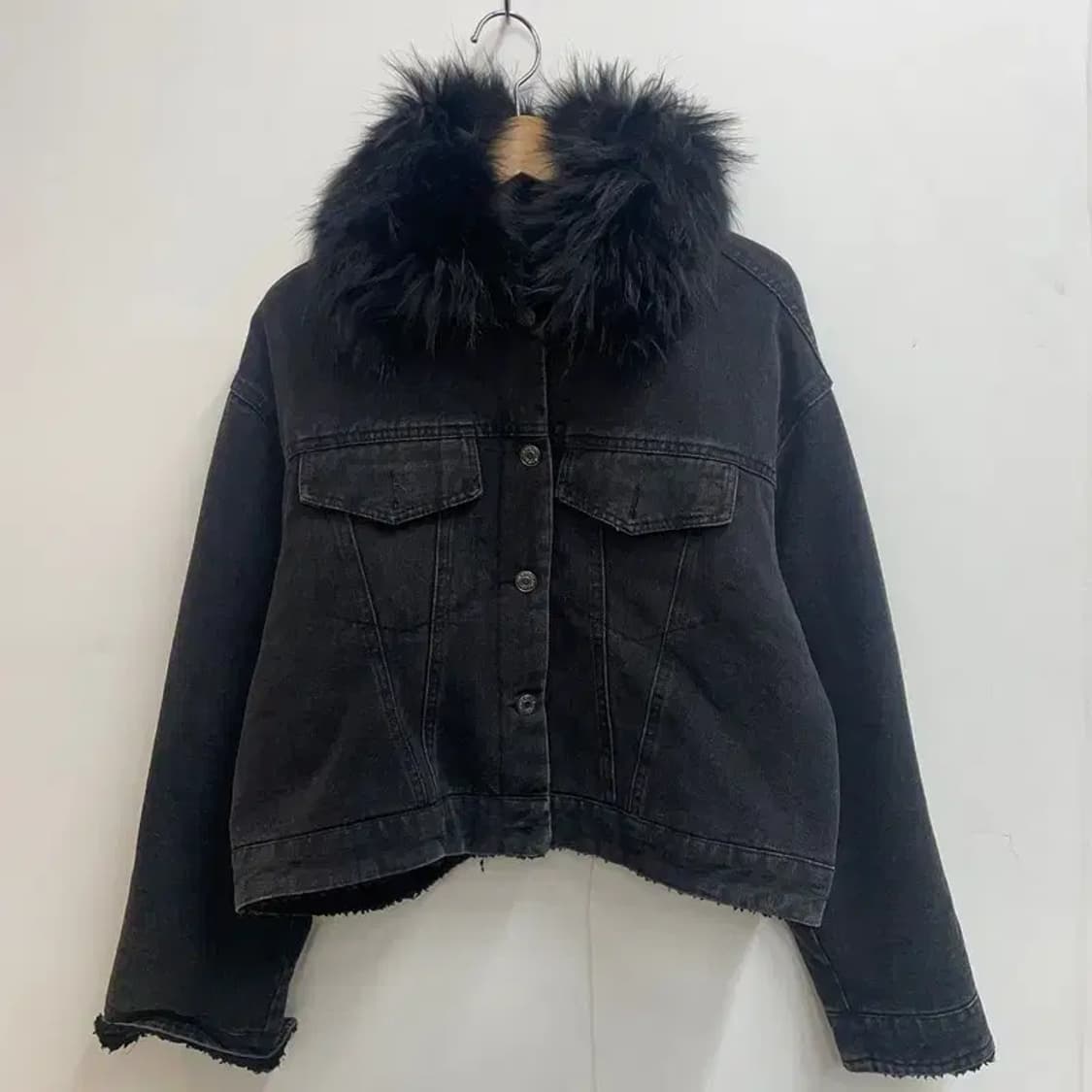 3사이즈 jpn 퍼 데님 크롭 겨울용 자켓 블랙 상품이미지2