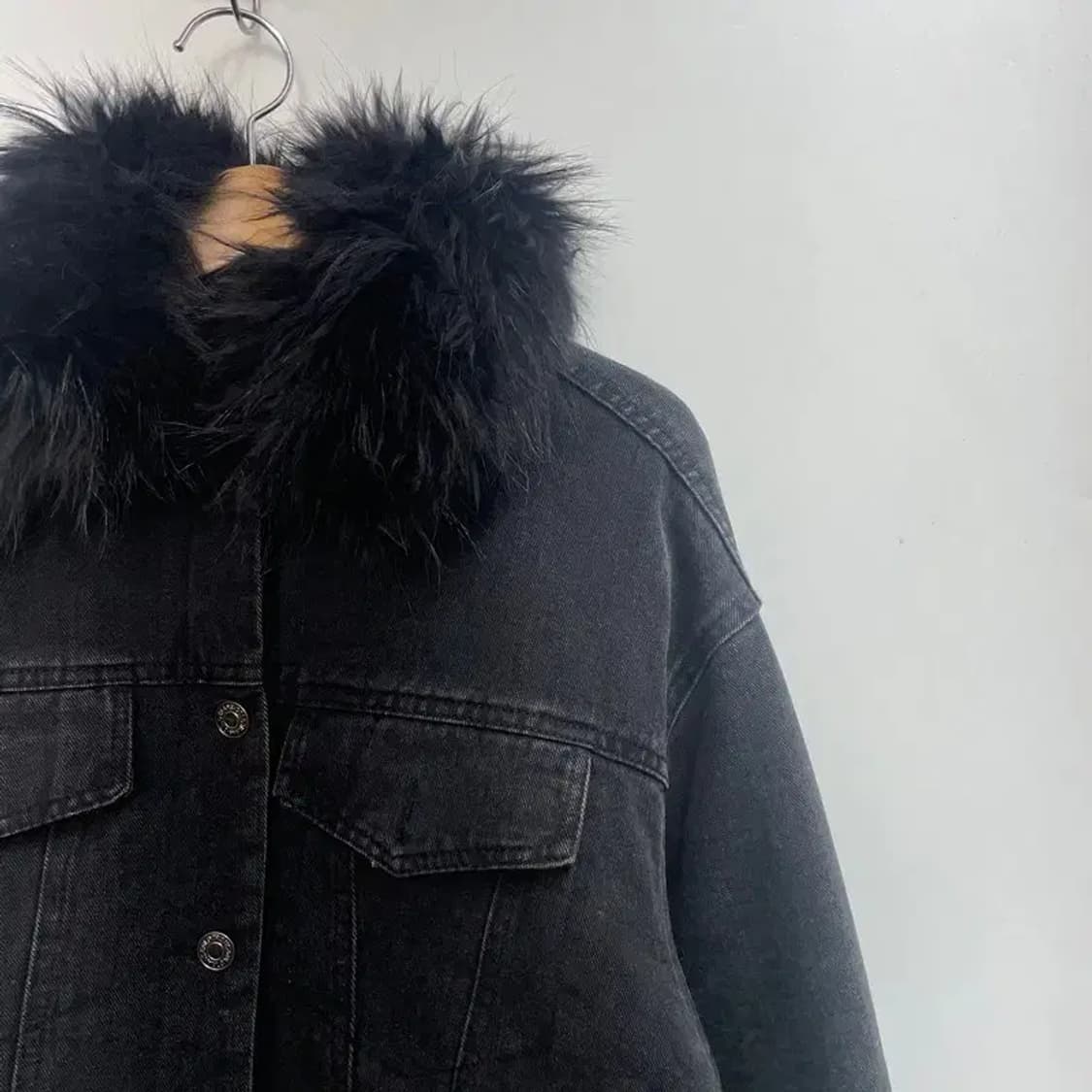 3사이즈 jpn 퍼 데님 크롭 겨울용 자켓 블랙 상품이미지4