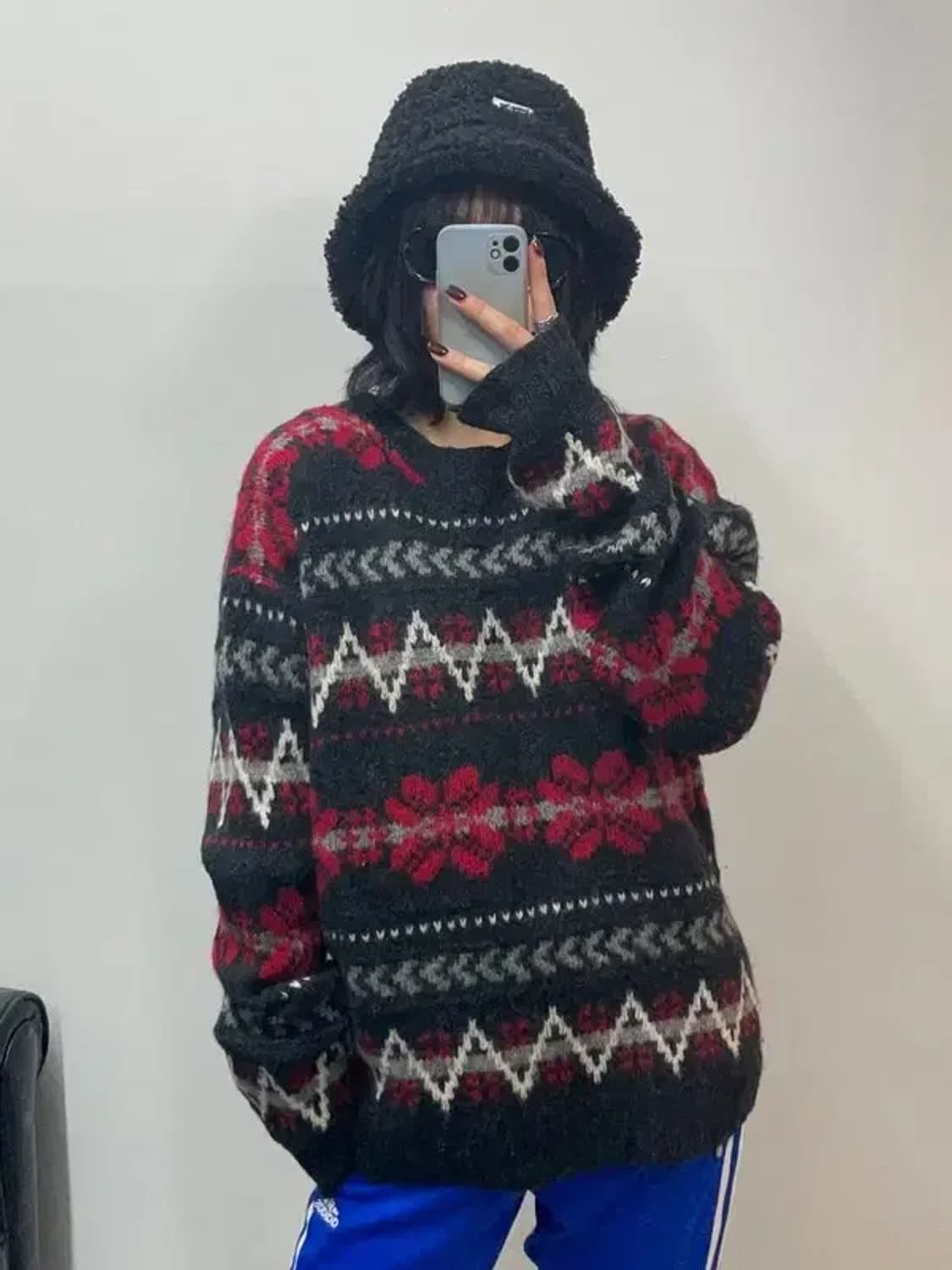 울리치 80s 빈티지 노르딕 패턴 스웨터 긴소매 니트 블랙 상품이미지1