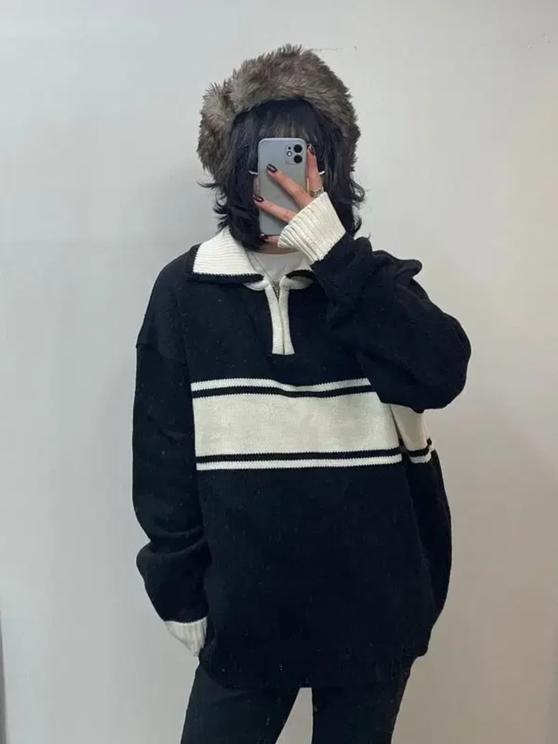 라지 수아레 럭비 카라 반집업 오버핏 니트 블랙 상품이미지1