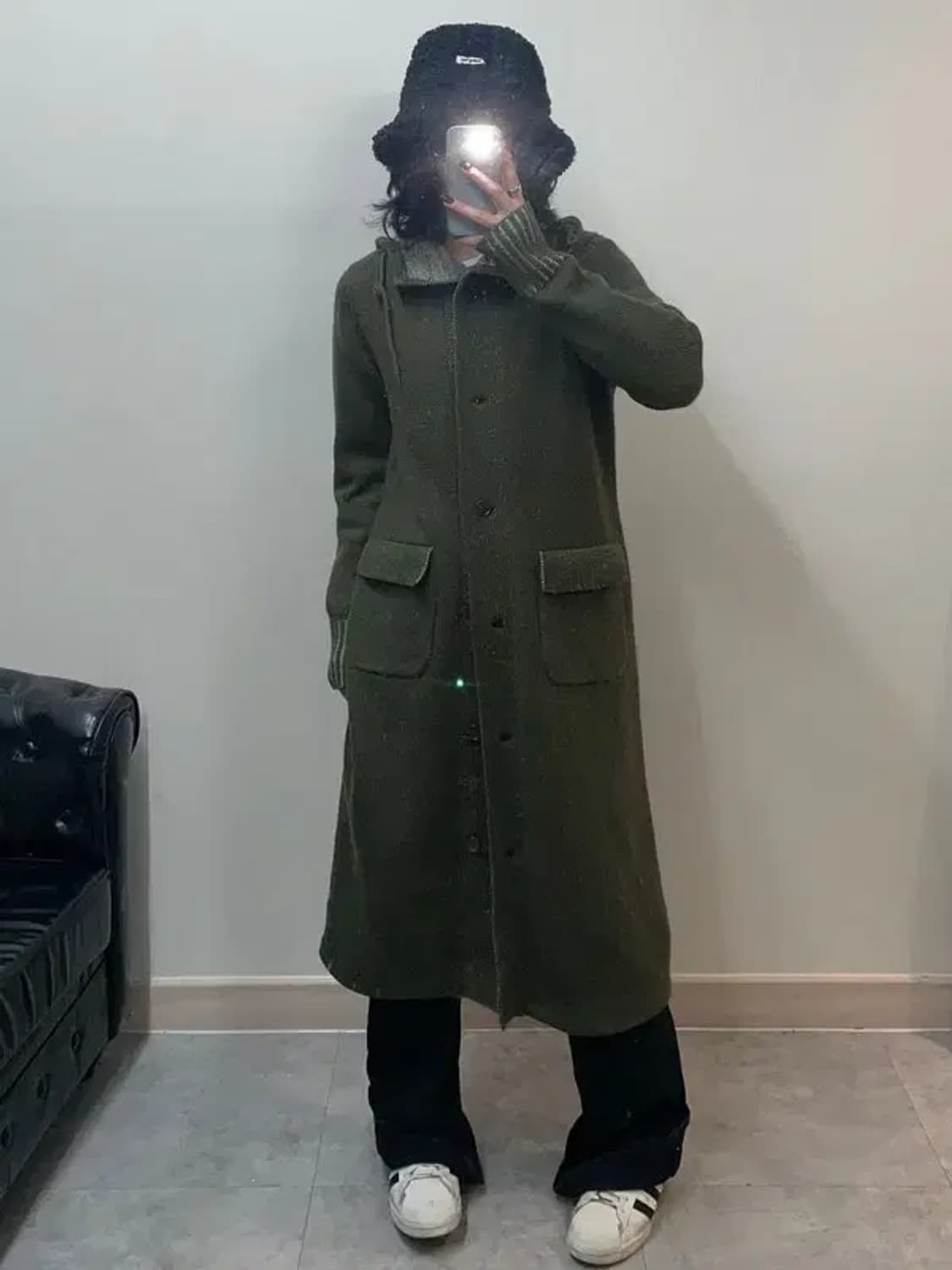 미디움 폴로 진스 카키 버튼 후디드 롱 니트 가디건 카키 상품이미지1