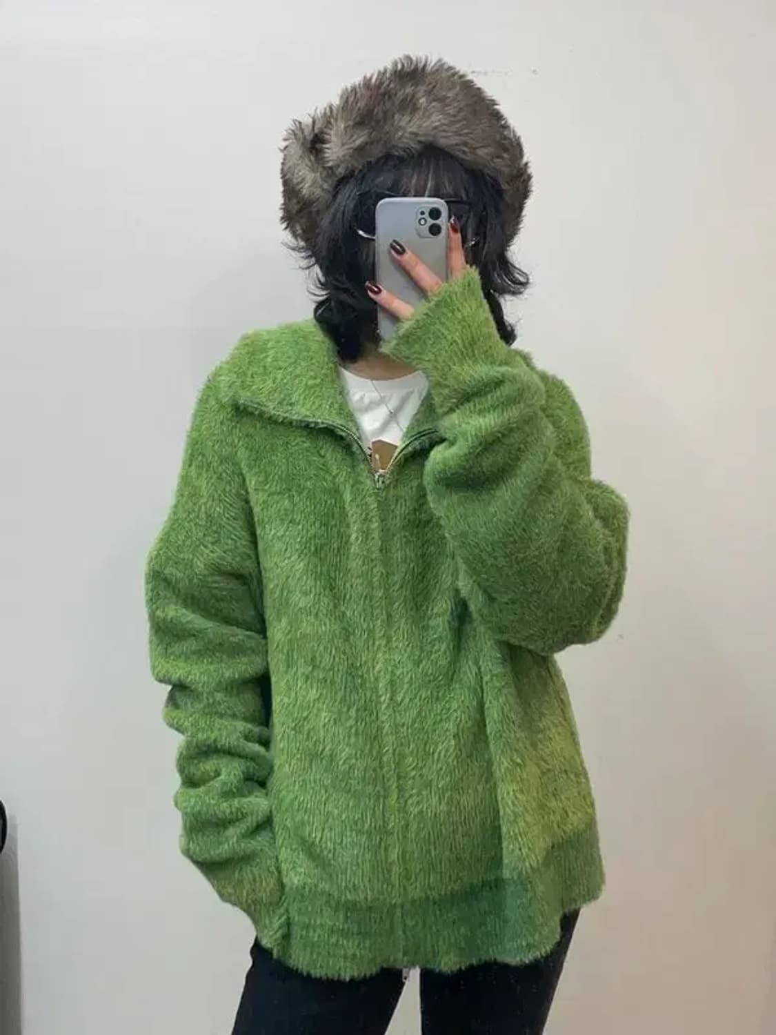 XL 새상품 노매뉴얼 하이넥 헤어리 니트 집업 그라스 그린 상품이미지1