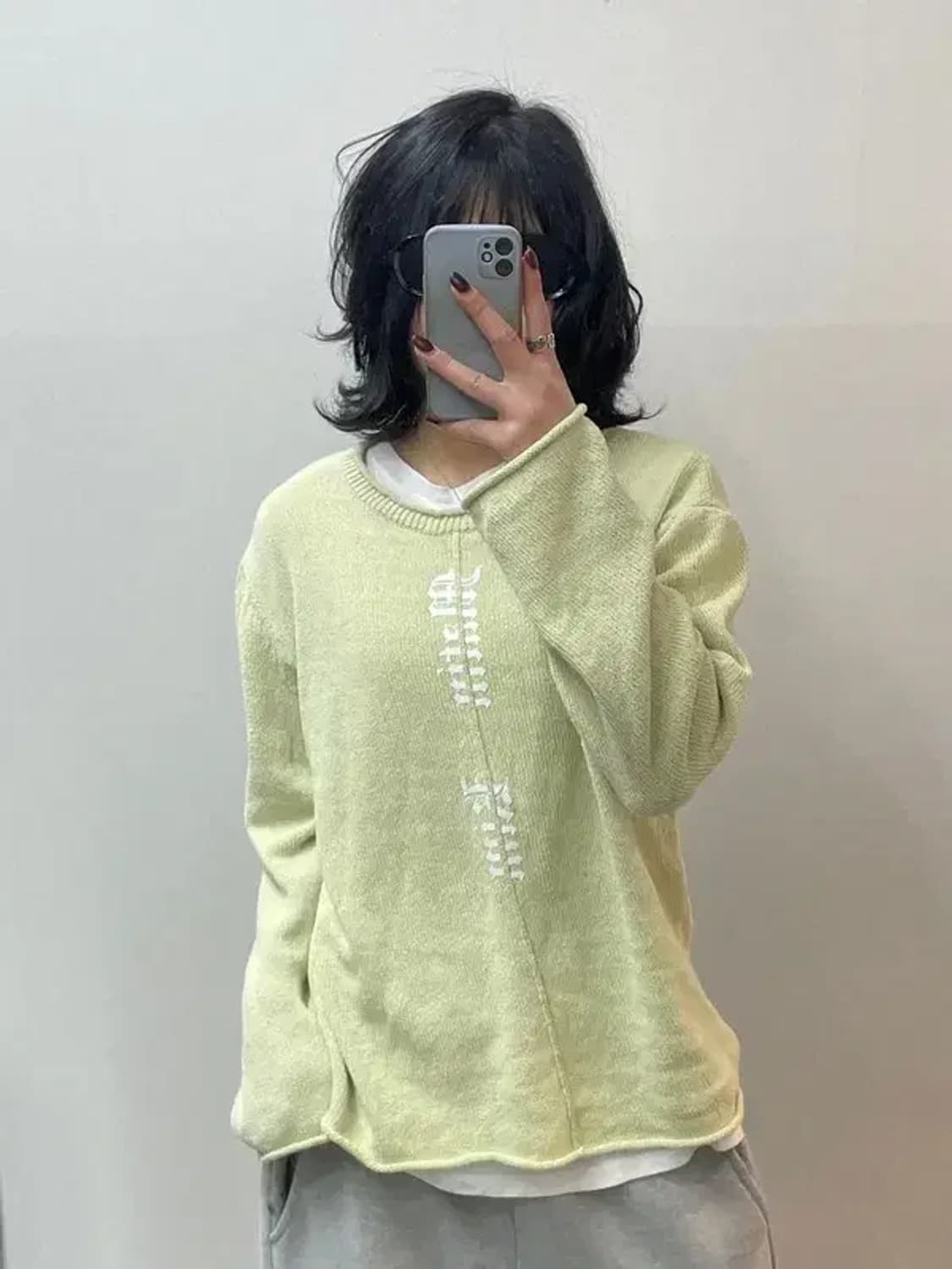 마뗑킴 핀턱 로고 니트 풀오버 라임색 상품이미지1