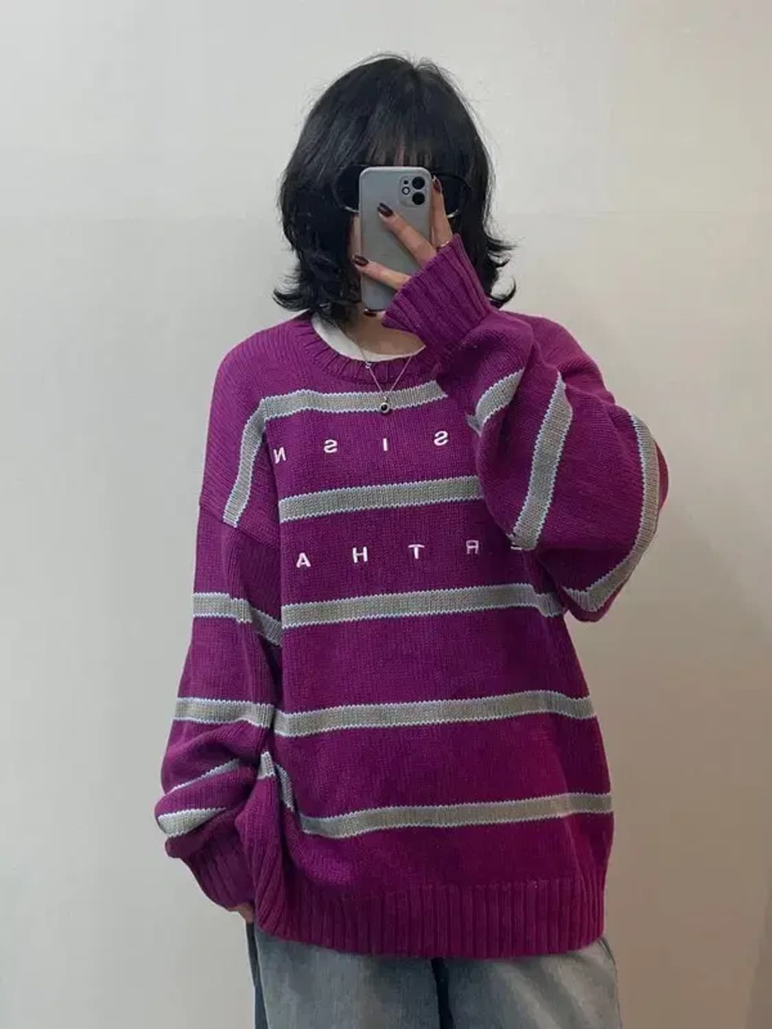 라지 디스이즈 네버댓 스트라이프 오버핏 퍼플 니트 상품이미지1