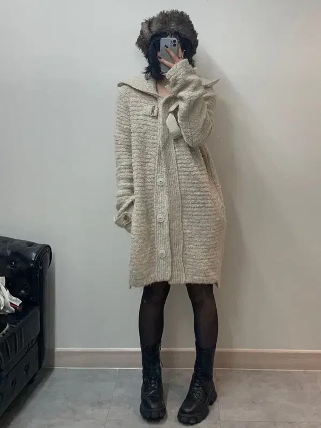 여성 시스템 울 알파카 하프 니트 코트 상품이미지1