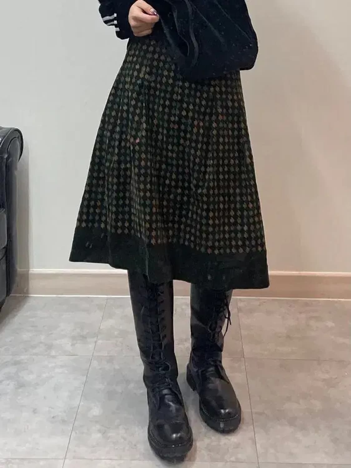 미디움 JPN 빈티지 모리 무드 체크 미디 스커트 브라운 상품이미지1