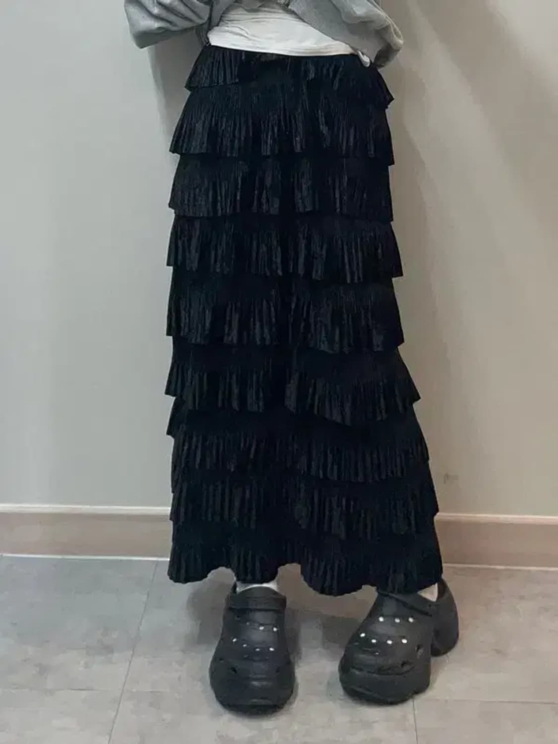 프리 JPN 빈티지 프릴 타이트 롱 스커트 블랙 상품이미지1