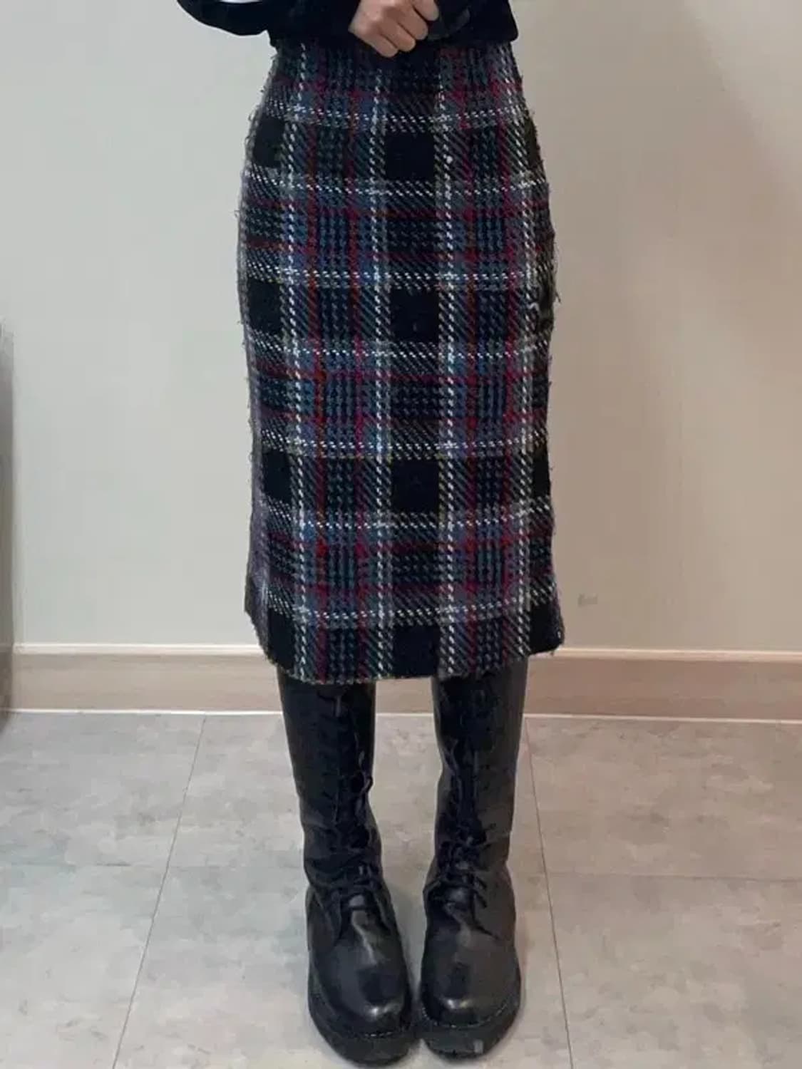 미디움 JPN 체크 트위드 미디 스커트 네이비 상품이미지1