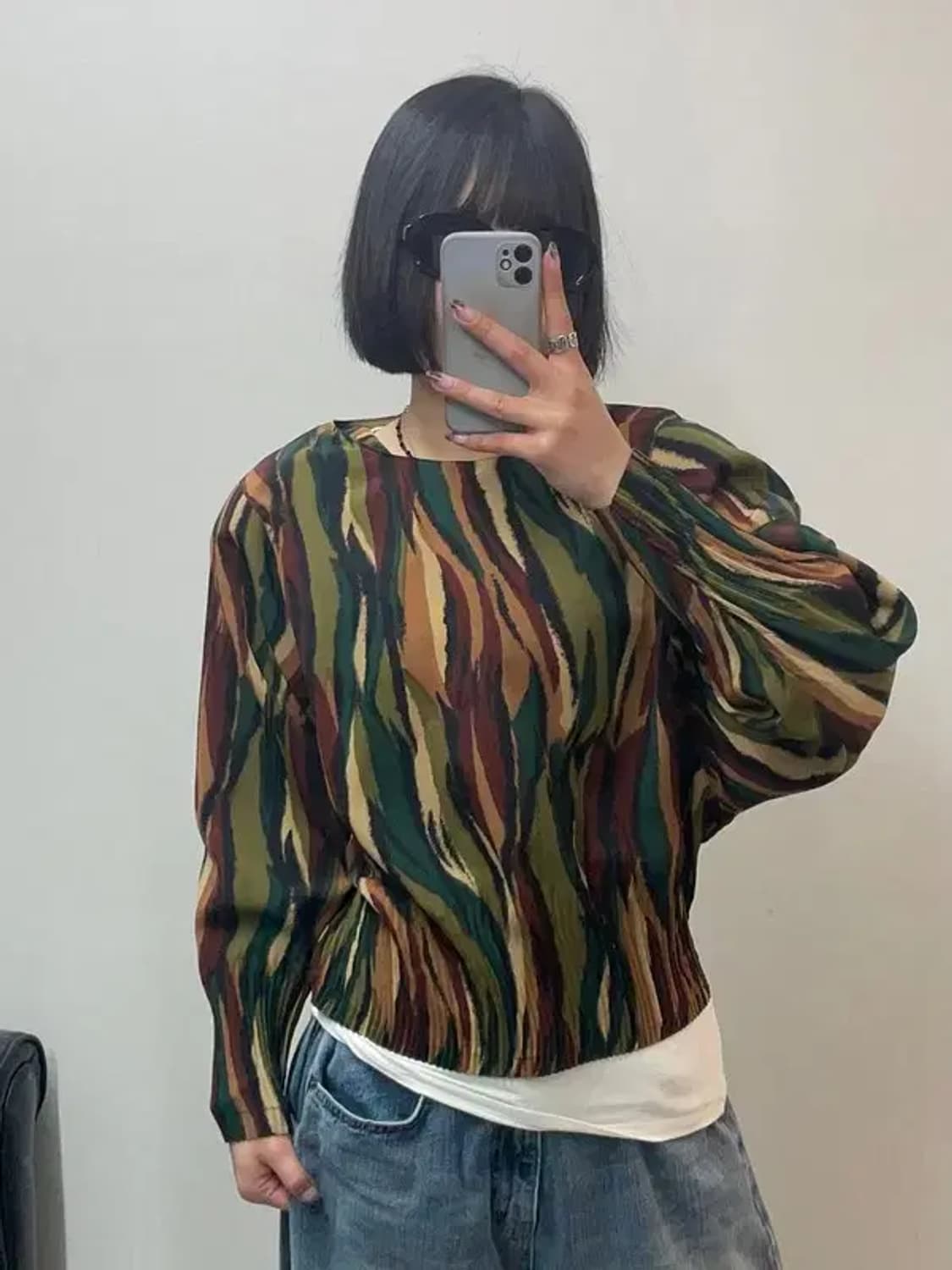 프리 빈티지 패턴 멀티컬러 크롭 블라우스 상품이미지1